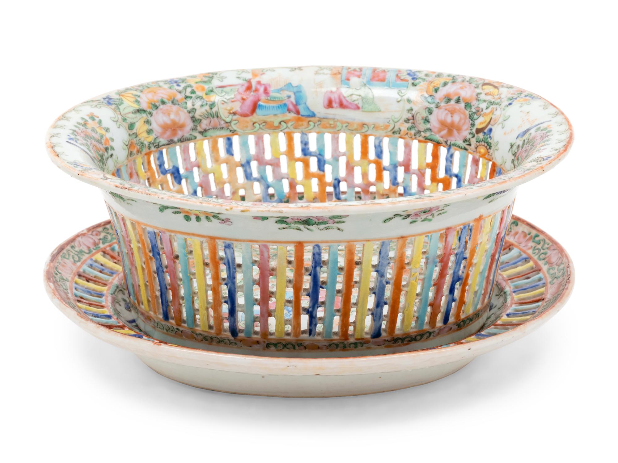 A Chinese Rose Medallion Reticulated Porcelain Basket and Underplate