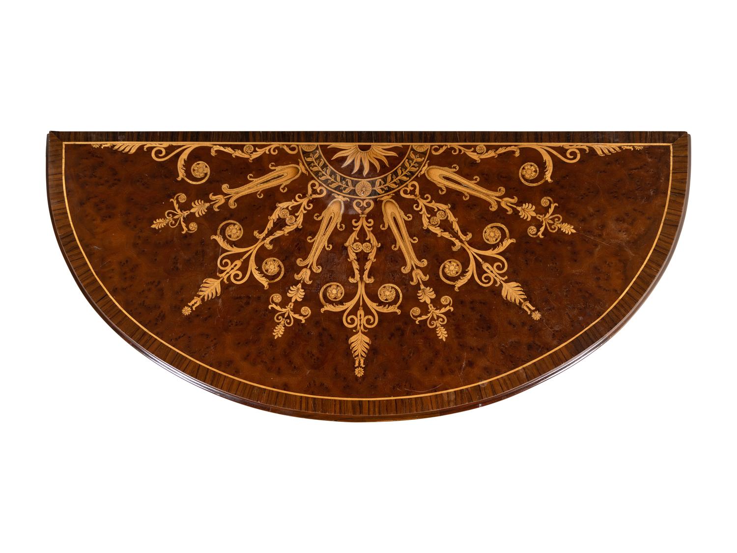 An Adam Style Giltwood, Burlwood and Marquetry Console Table