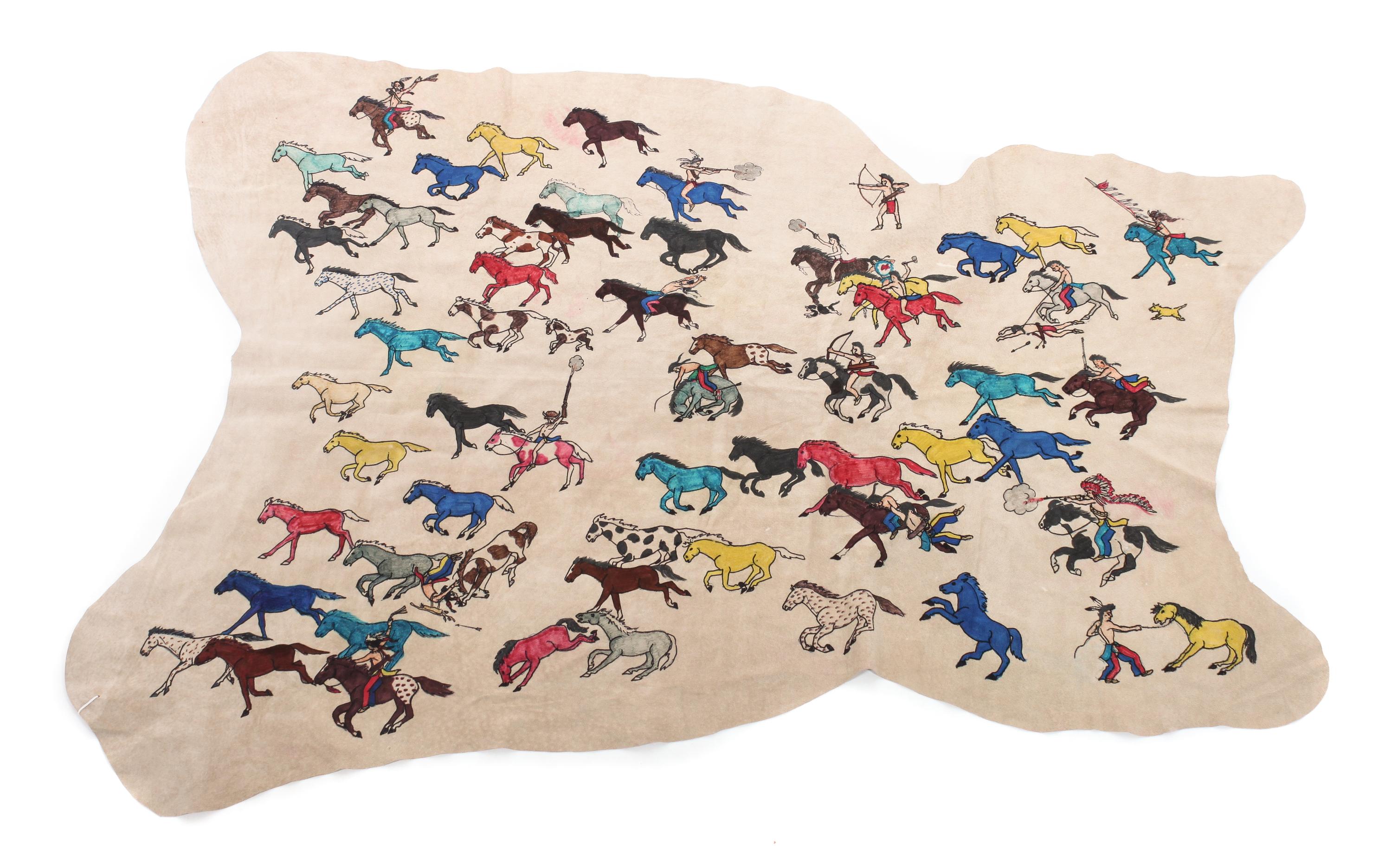 Two Plains Indian Style Paintings on Hide Larger: 62 x 38 inches.