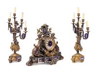 A Napoleon III Gilt Bronze and Enamel Clock Garniture