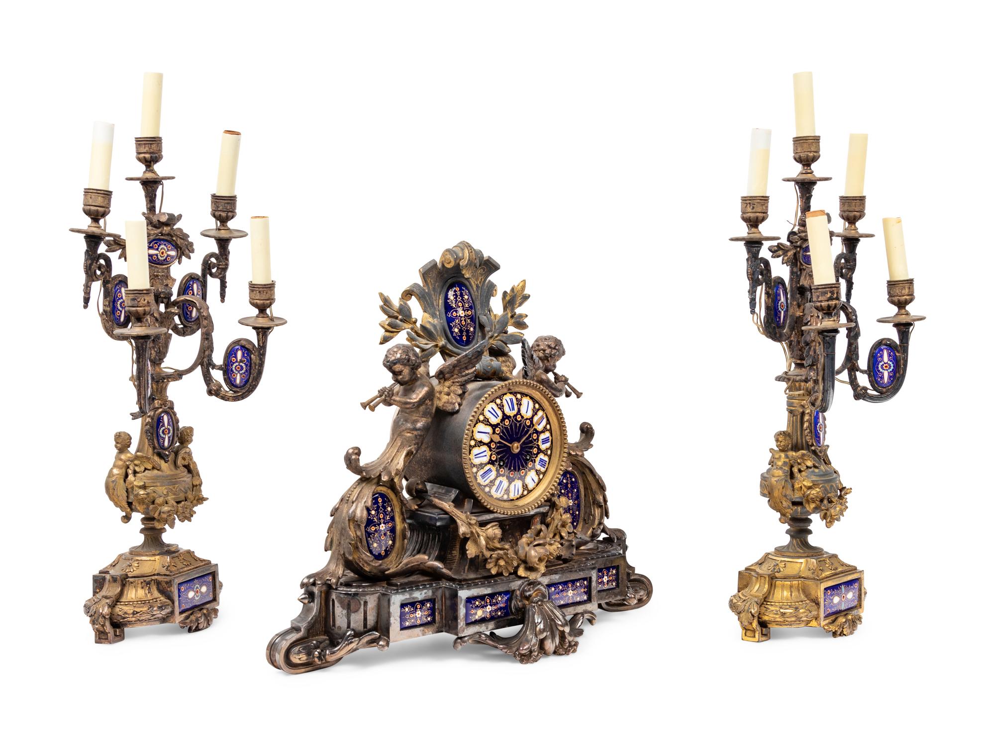 A Napoleon III Gilt Bronze and Enamel Clock Garniture