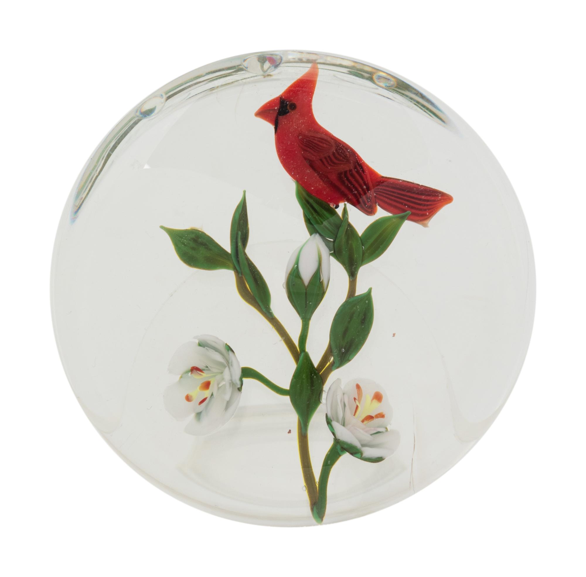A Paul Stankard Cardinal and White Flower on White Ground Faceted Glass Paperweight