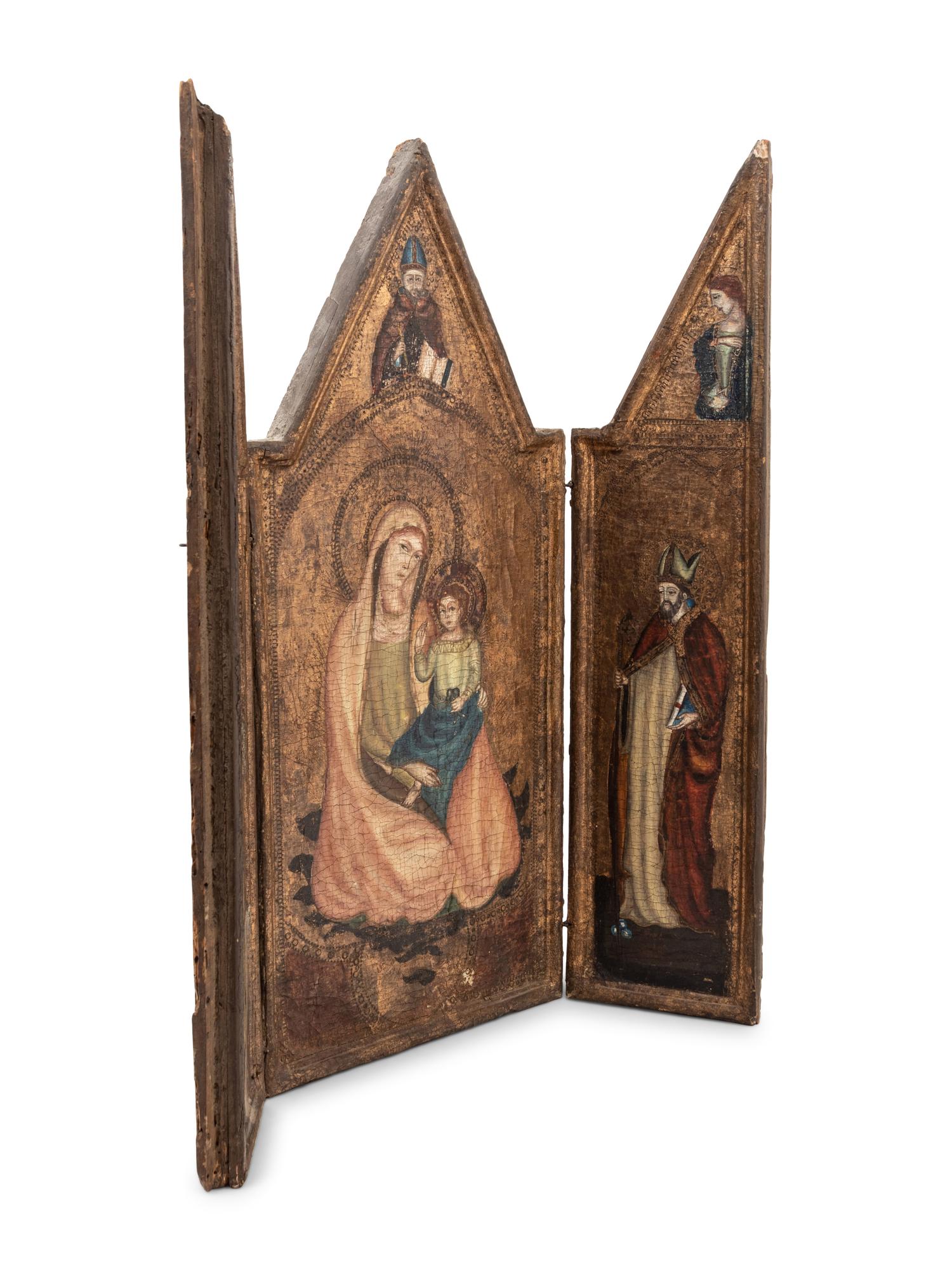 A Continental Painted and Parcel Gilt Triptych