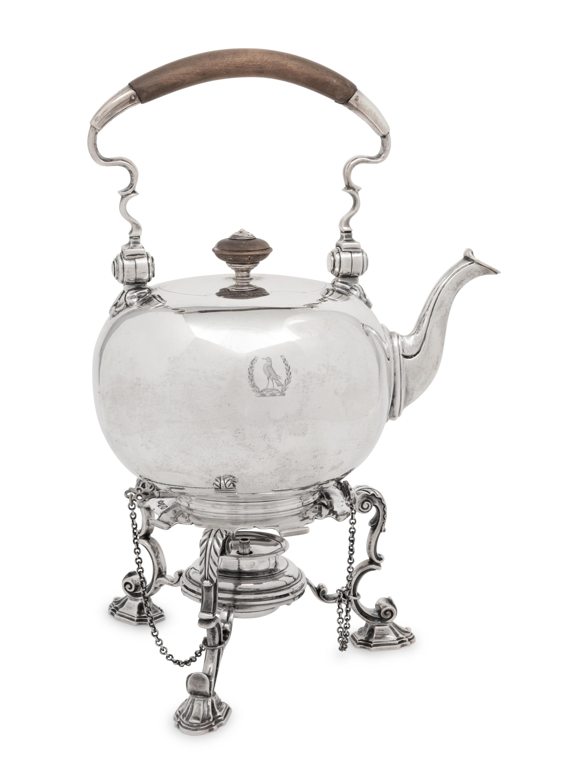 An English Silver Kettle on Lamp Stand