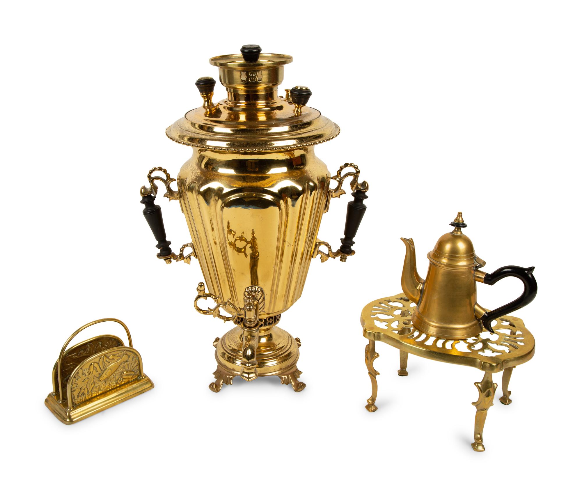 A Brass Samovar, Kettle Stand, Small Coffee Pot and Napkin Holder. — 19TH/20TH CENTURY