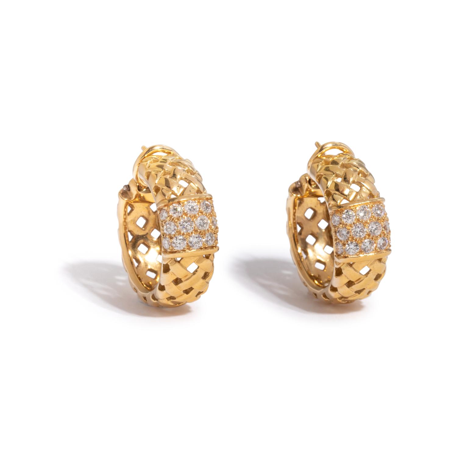 TIFFANY & CO., YELLOW GOLD AND DIAMOND 'VANNERIE' HOOP EARRINGS