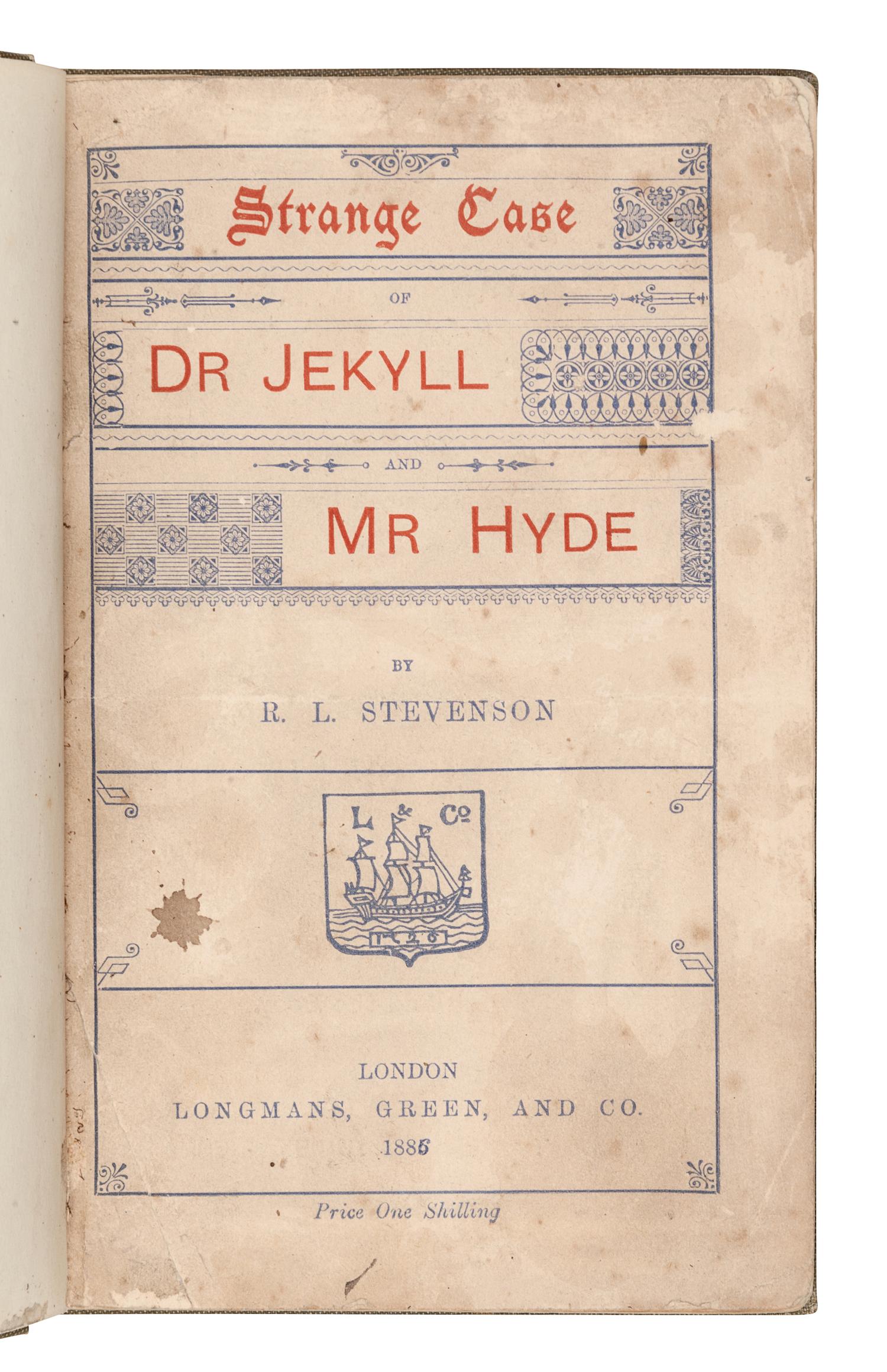 STEVENSON, Robert Louis (1850-1894). The Strange Case of Dr. Jekyll and Mr. Hyde. London: Longmans, Green, And Co., 1886.