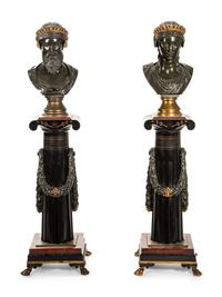 A Pair of French Bronze and Marble Busts by Pierre-Eugène-Émile Hébert (French, 1828-1893)