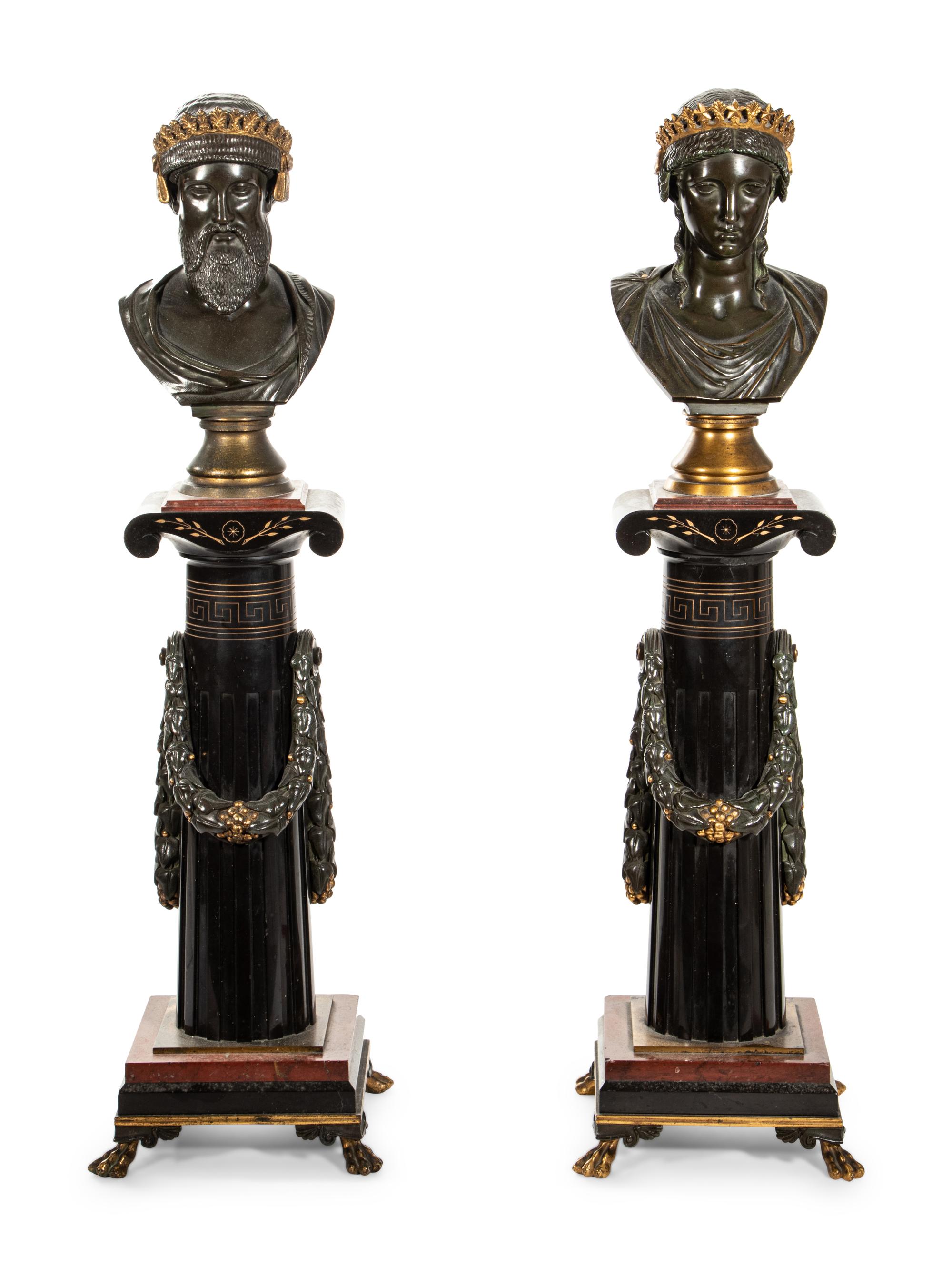 A Pair of French Bronze and Marble Busts by Pierre-Eugène-Émile Hébert (French, 1828-1893)
