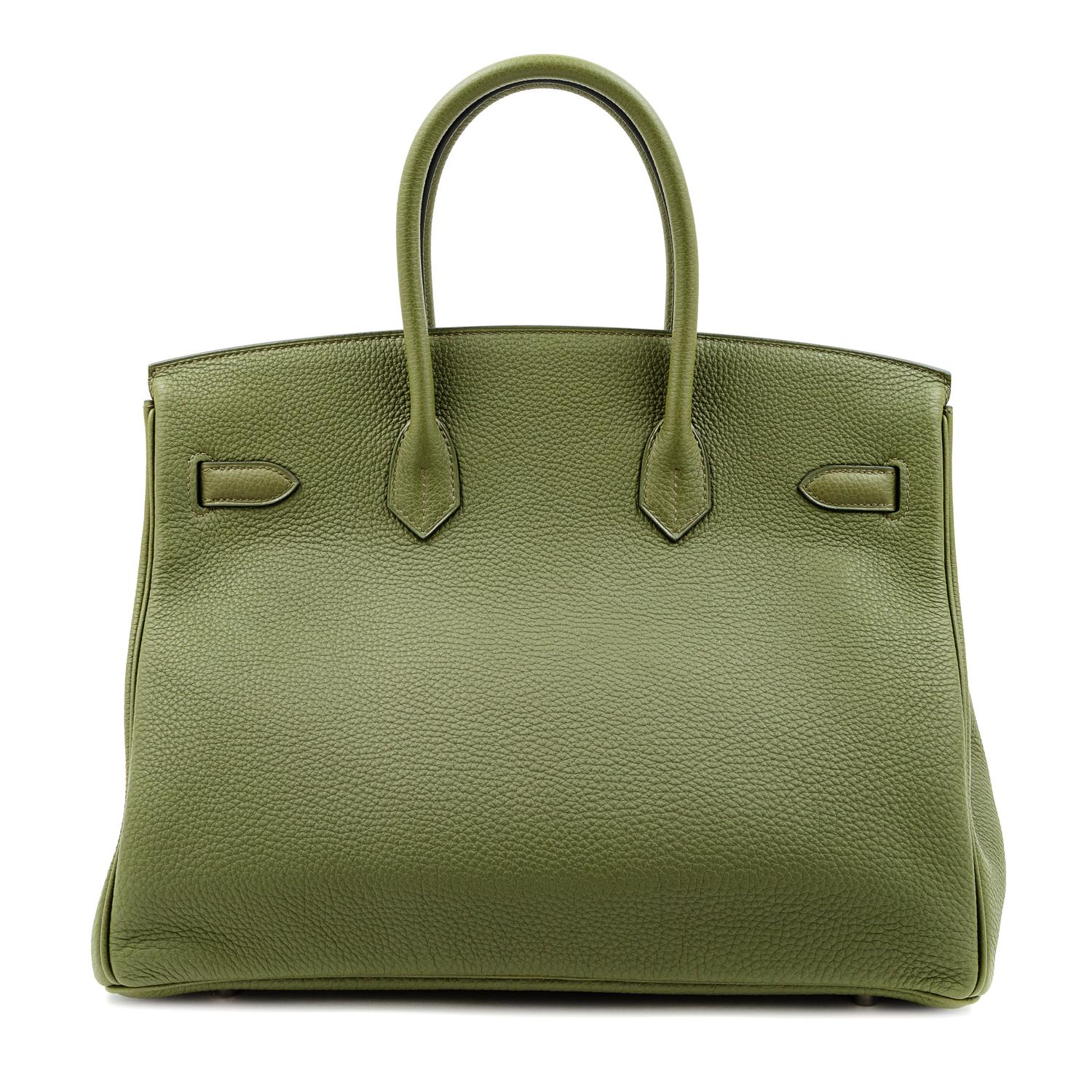 An Hermès Olive Green Togo 35cm Birkin, 11" H x 14" W x 7.5" D; Handle drop: 4.25".