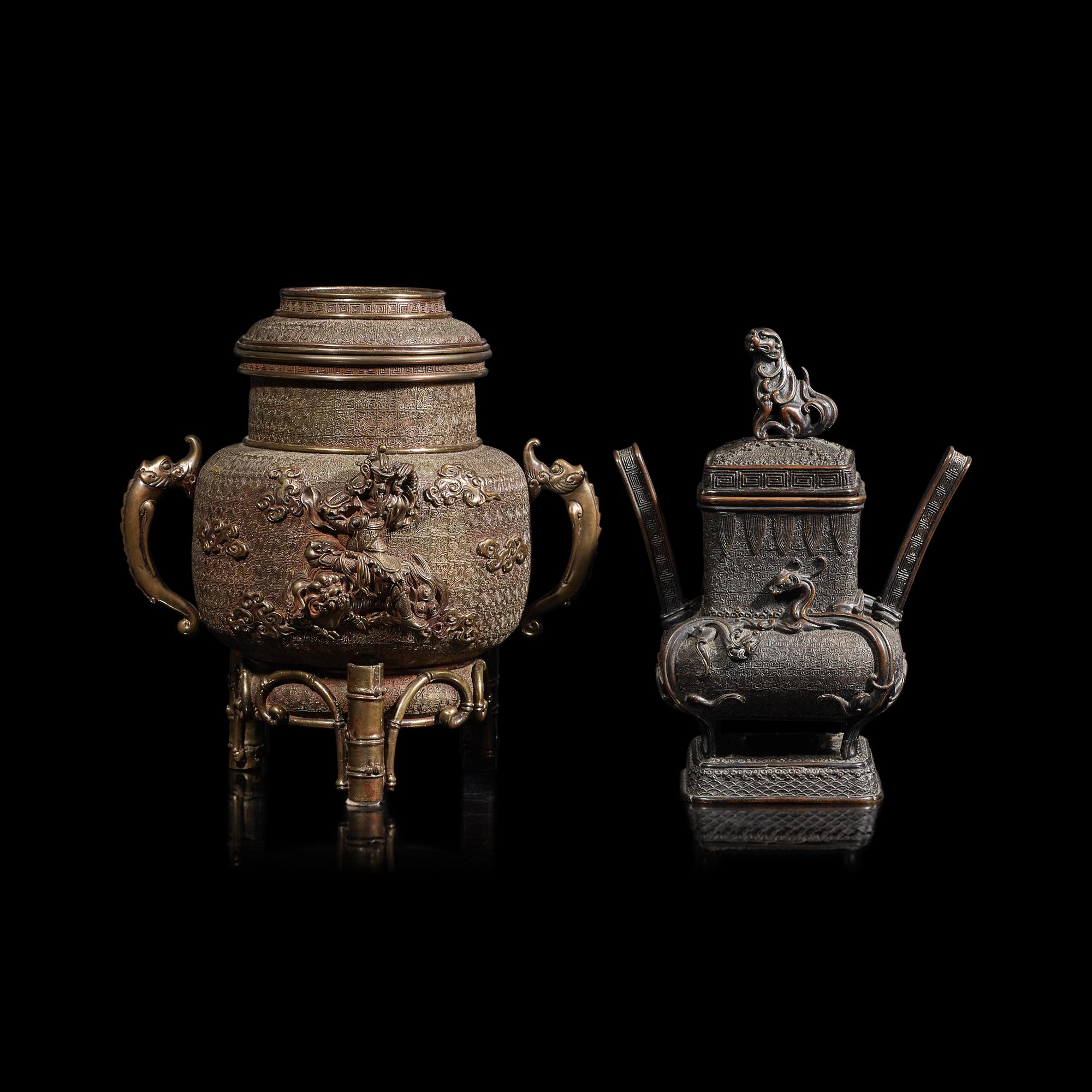 Two Japanese Bronze Covered Incense Burners, Late Meiji Period
