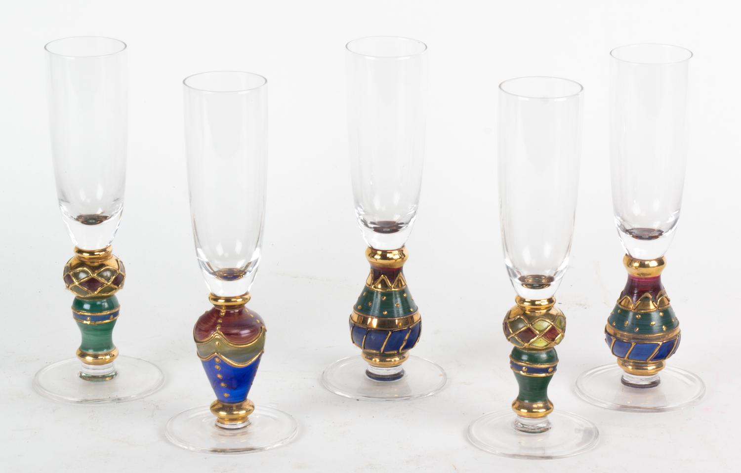Five Hand Painted Champagne Flutes Height 8 1/2 inches.