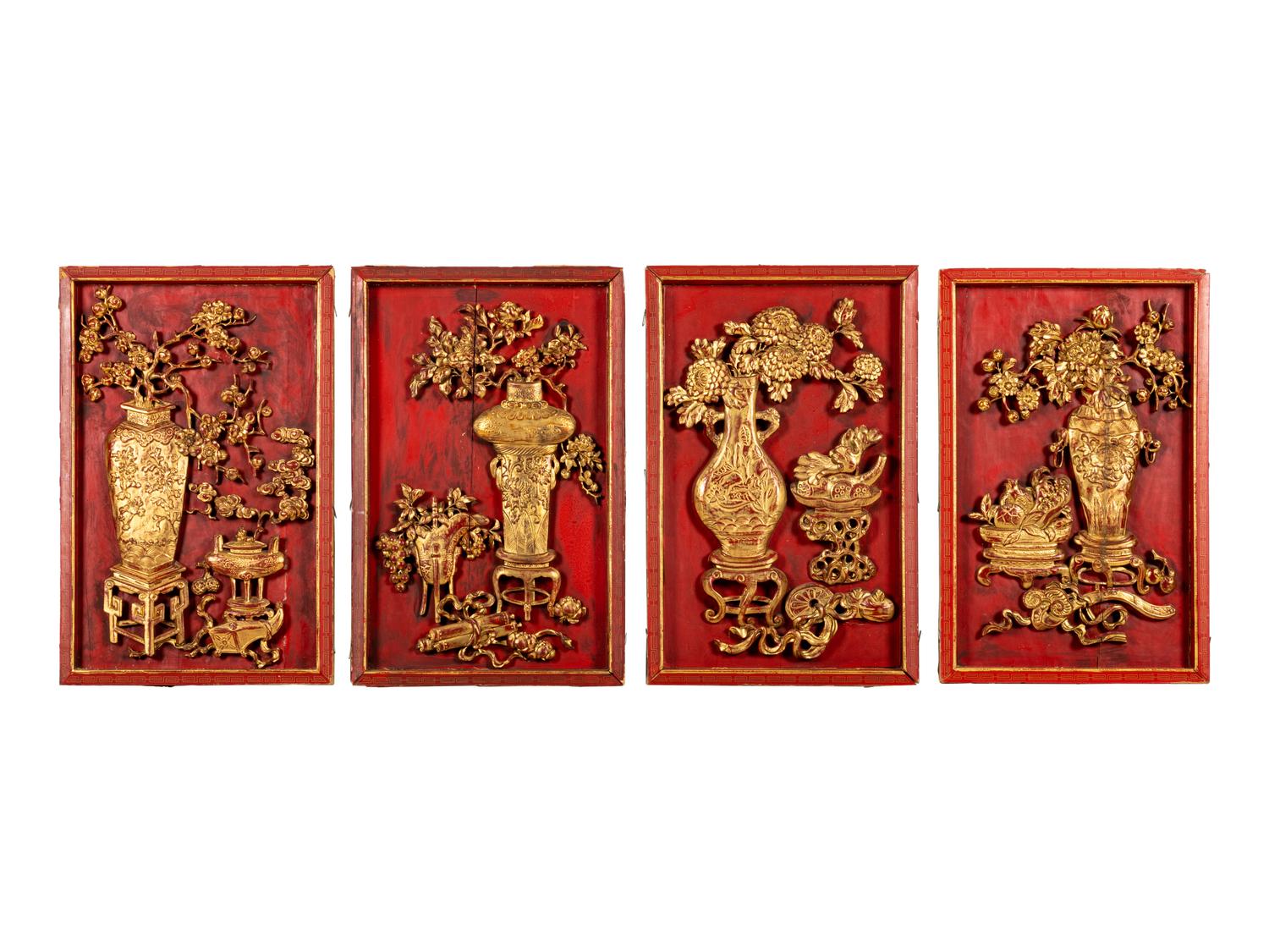 A Set of Four Chinese Gilt and Red Lacquered Wood 'Four Seasons' Panels