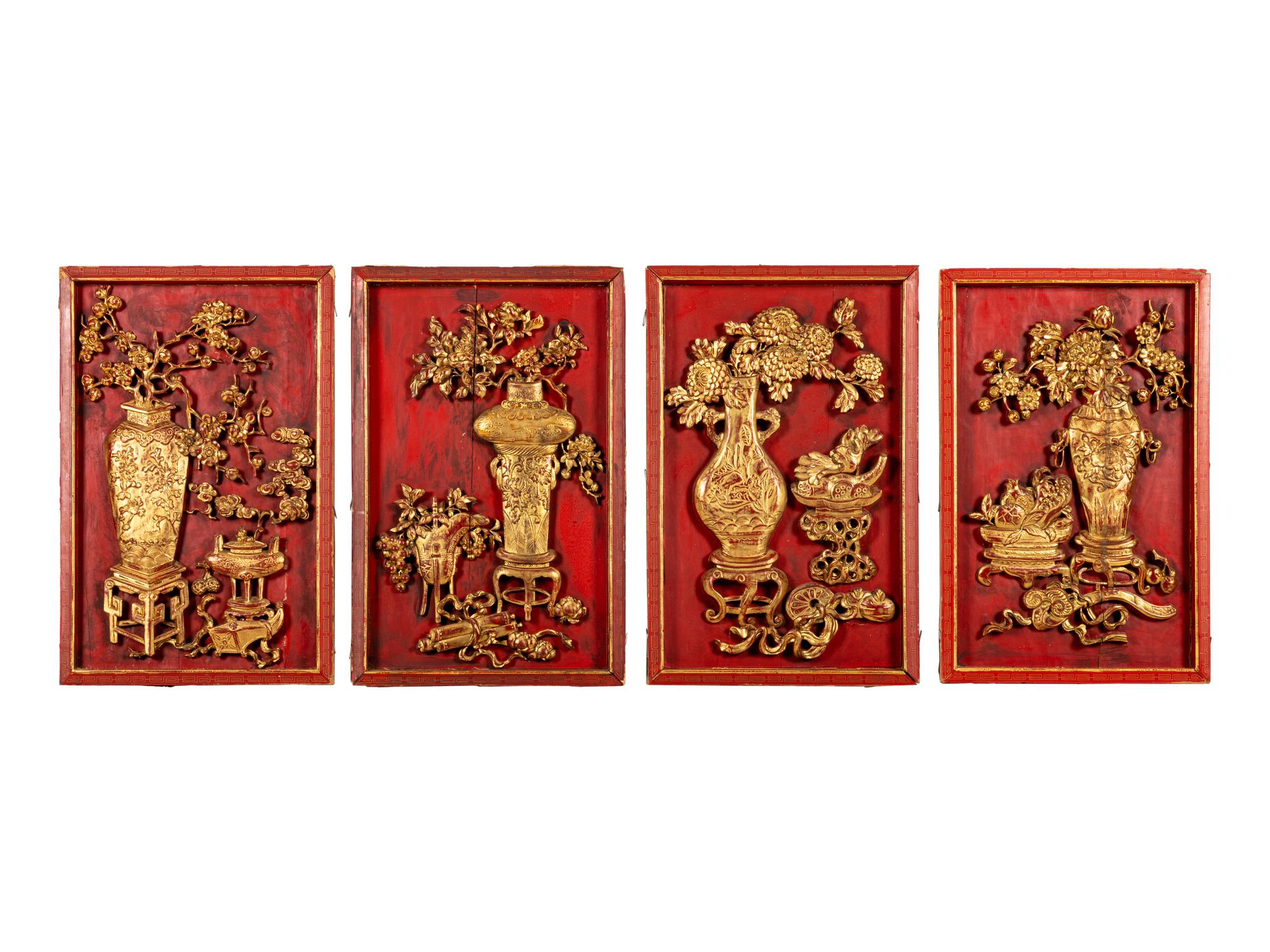 A Set of Four Chinese Gilt and Red Lacquered Wood 'Four Seasons' Panels