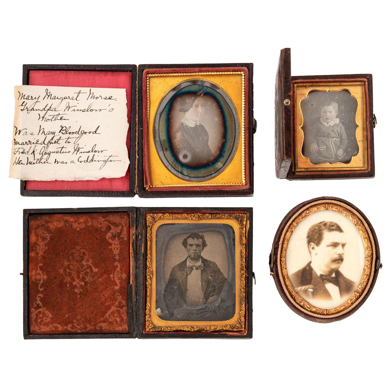 [EARLY PHOTOGRAPHY - PORTRAITURE]. Large collection of daguerreotype, ambrotype, and tintype portraits of men, women, and children, including: