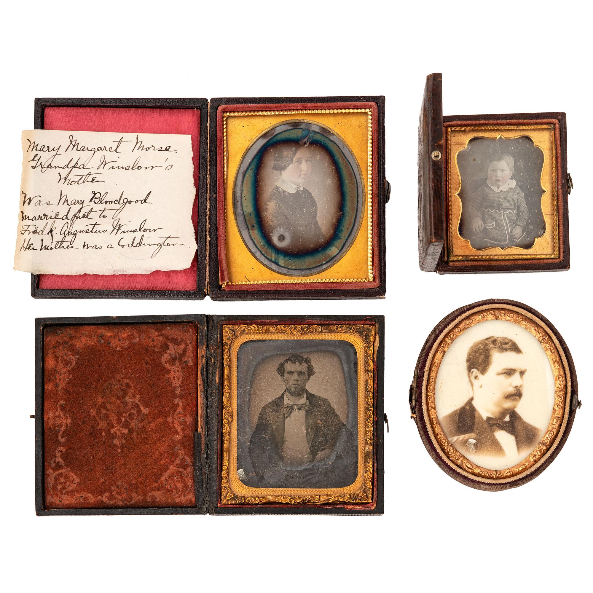 [EARLY PHOTOGRAPHY - PORTRAITURE]. Large collection of daguerreotype, ambrotype, and tintype portraits of men, women, and children, including: