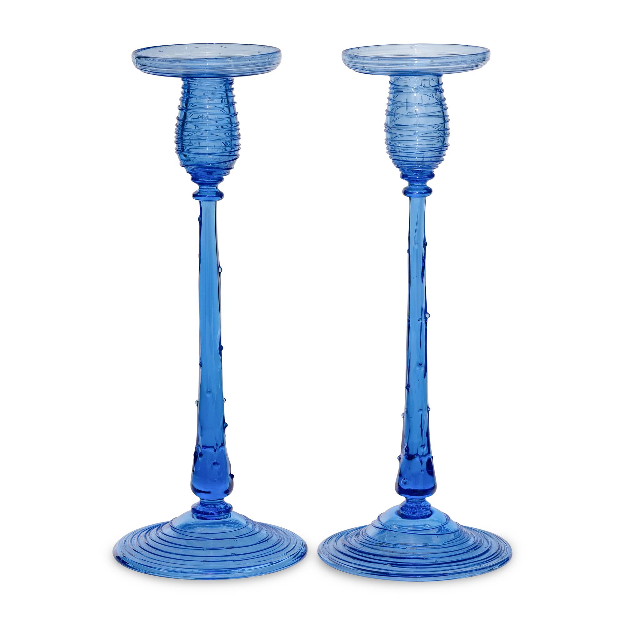A Pair of Steuben Threaded Glass Candlesticks