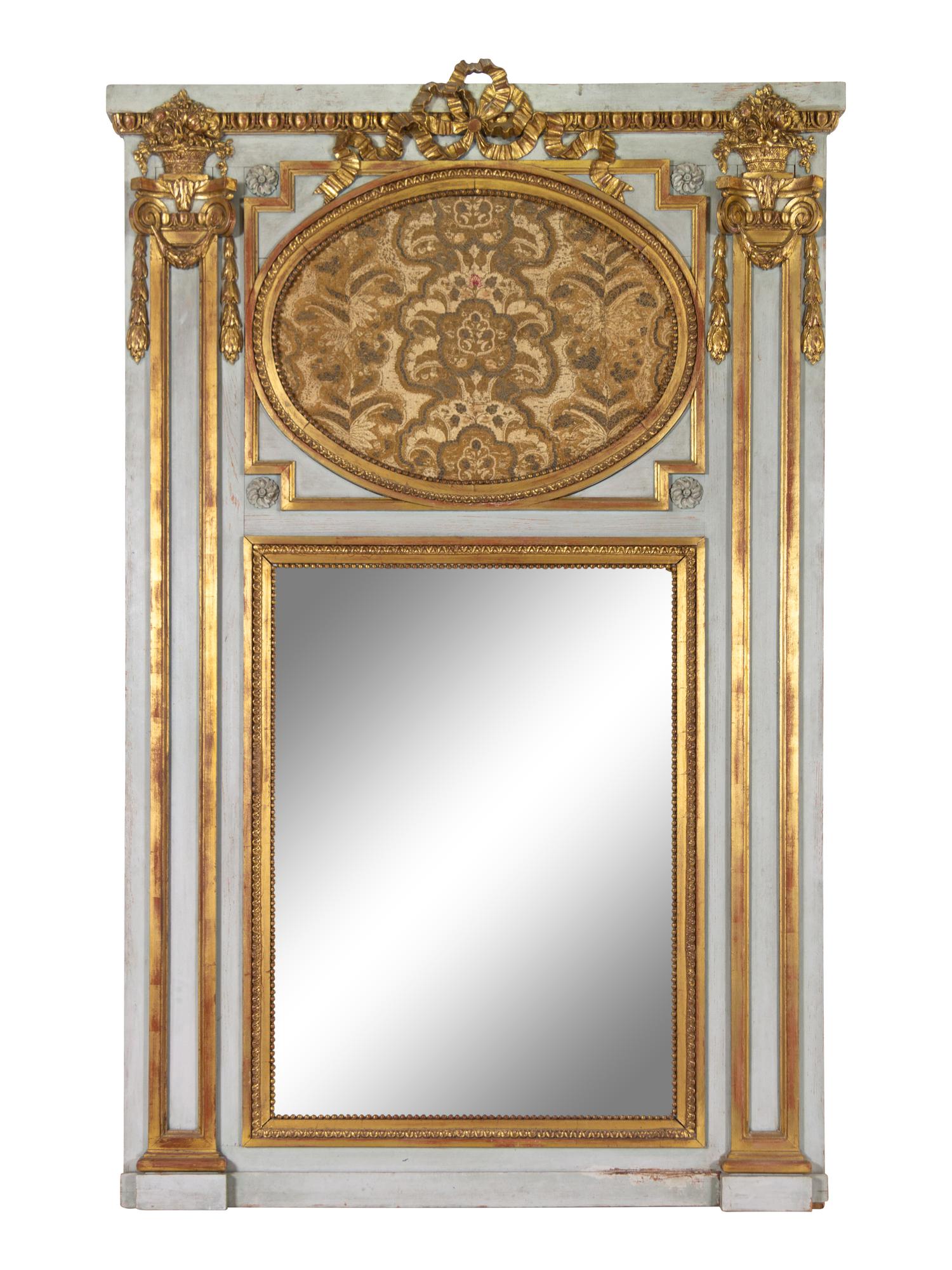 A Louis XVI Style Painted and Parcel Gilt Trumeau Mirror
