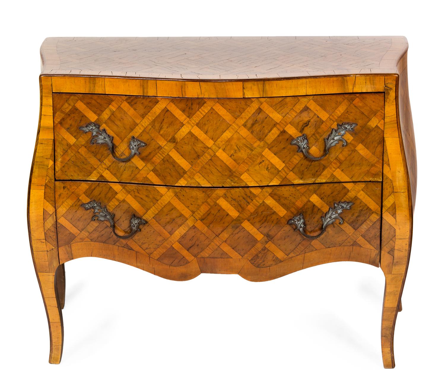 An Italian Fruitwood Marquetry Commode Height 29 1/2 x width 34 x depth 17 inches.