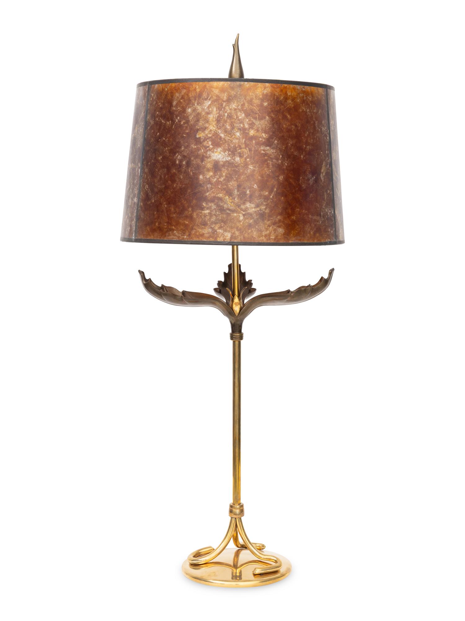 A Metal Palm Frond Table Lamp with Mica Shade