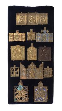 Twelve Russian Polychrome Enameled Bronze Icon Pendants, 19TH CENTURY AND EARLIER,Height of panel 24 x width 11 1/2 inches. — 19TH CENTURY AND EARLIER