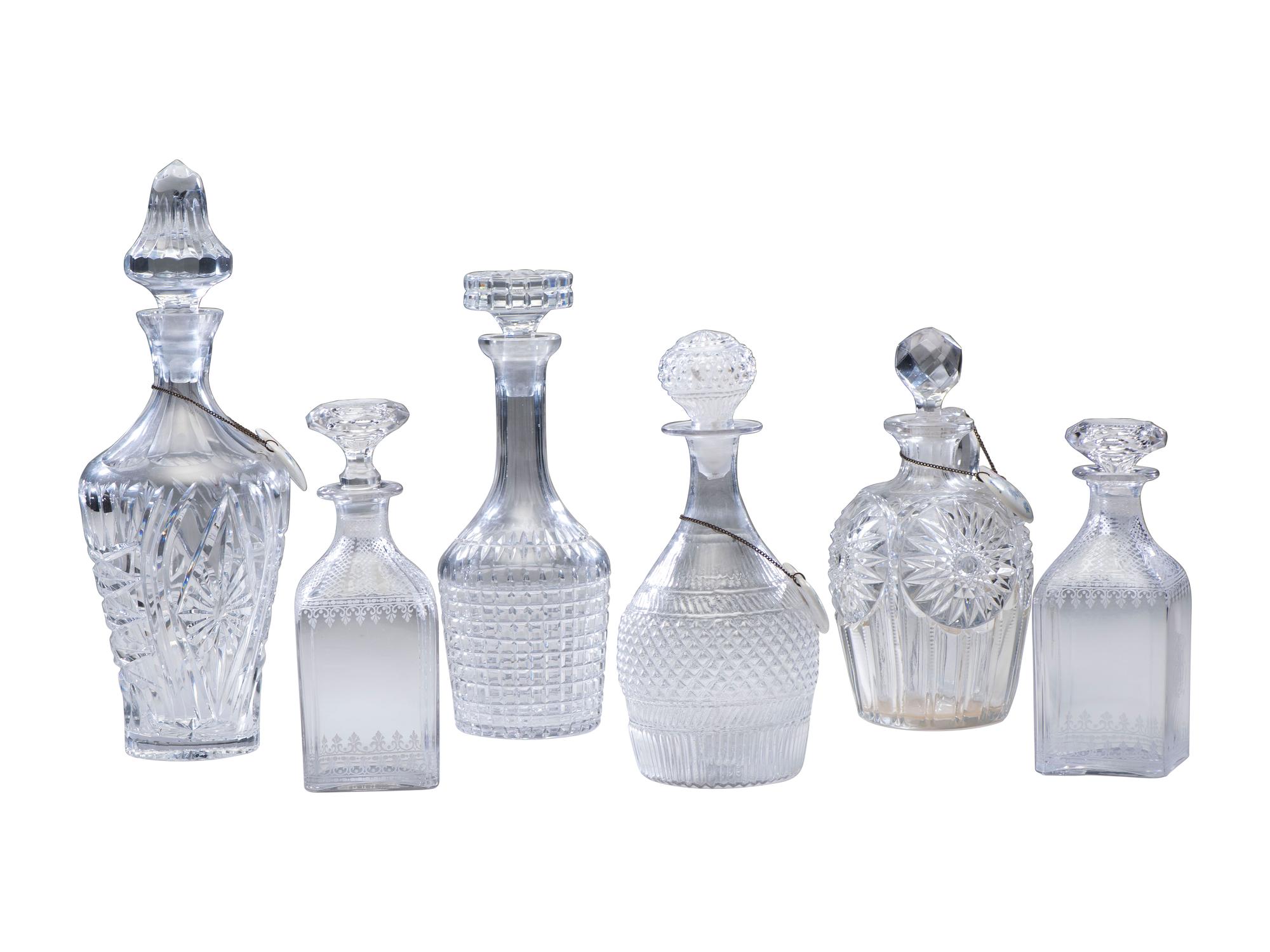 Six Cut and Etched Glass Decanters