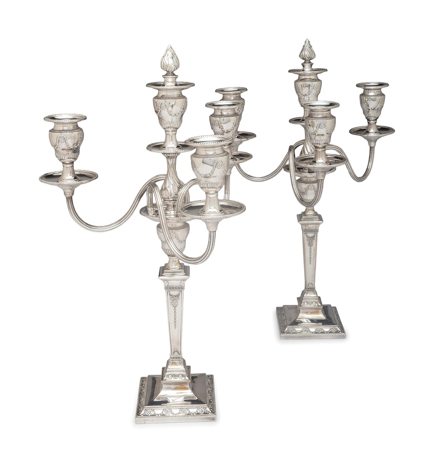 A Pair of Neoclassical Silver-Plate Four-Light Convertible Candelabra