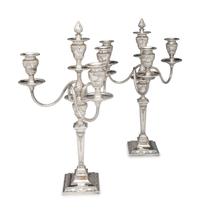 A Pair of Neoclassical Silver-Plate Four-Light Convertible Candelabra