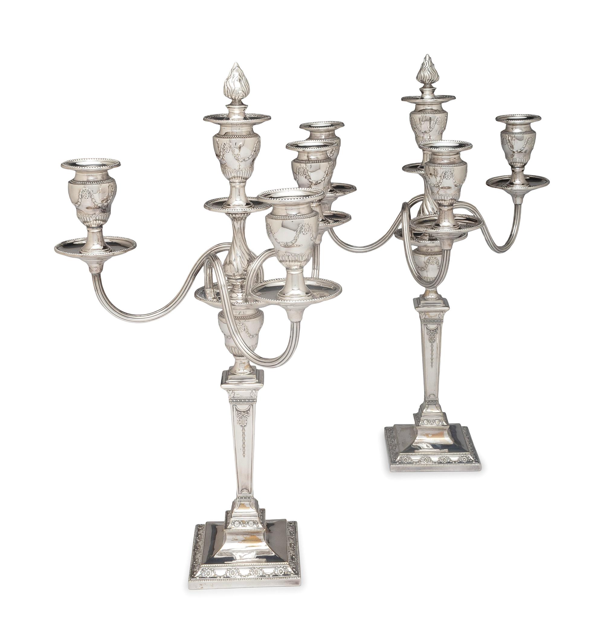 A Pair of Neoclassical Silver-Plate Four-Light Convertible Candelabra