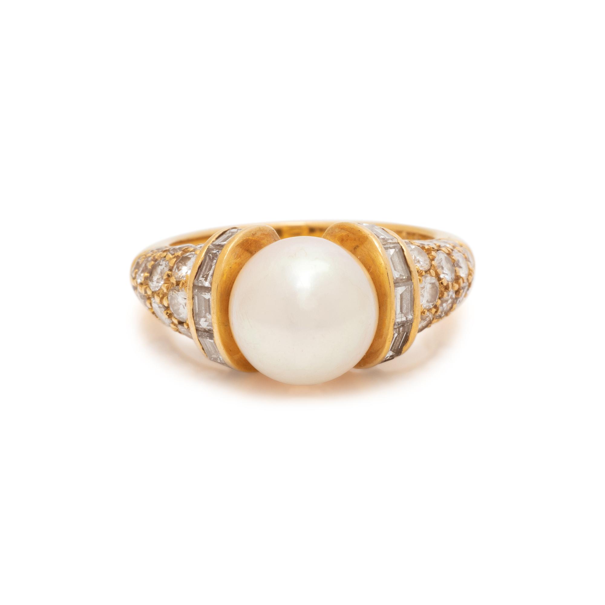BVLGARI, YELLOW GOLD, CULTURED PEARL AND DIAMOND RING
