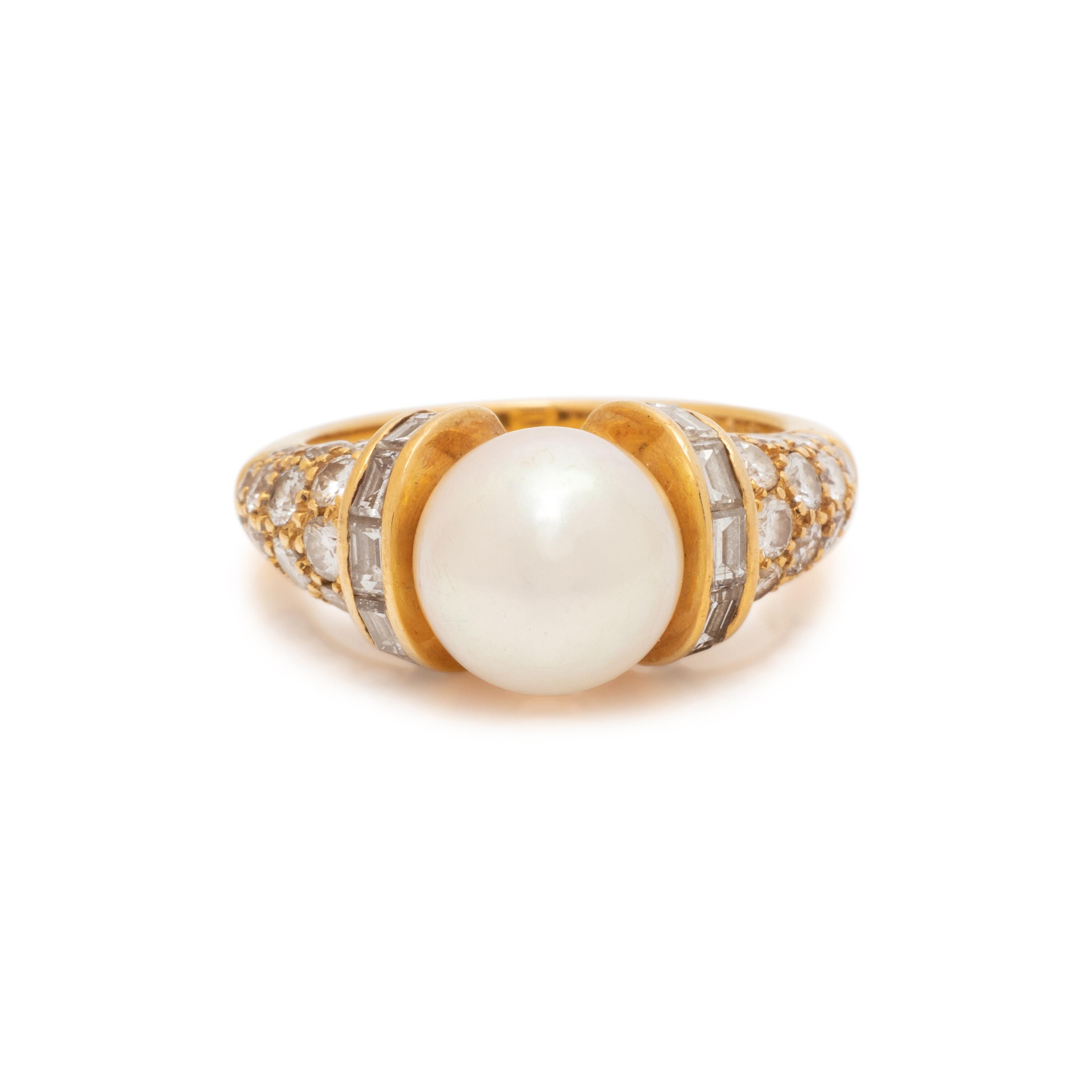 BVLGARI, YELLOW GOLD, CULTURED PEARL AND DIAMOND RING