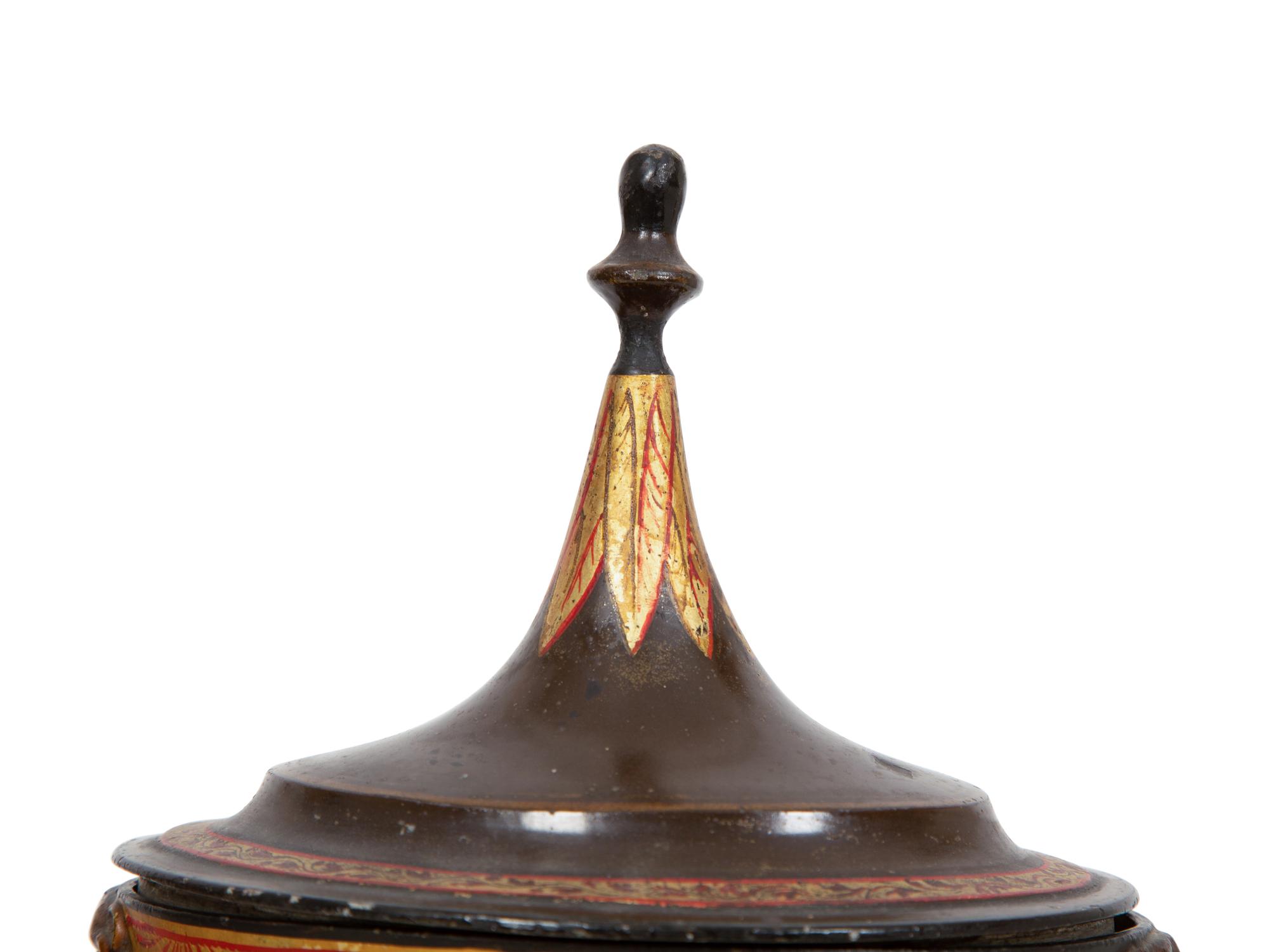 A Pair of Regency Parcel-Gilt Tôle Peinte Urns