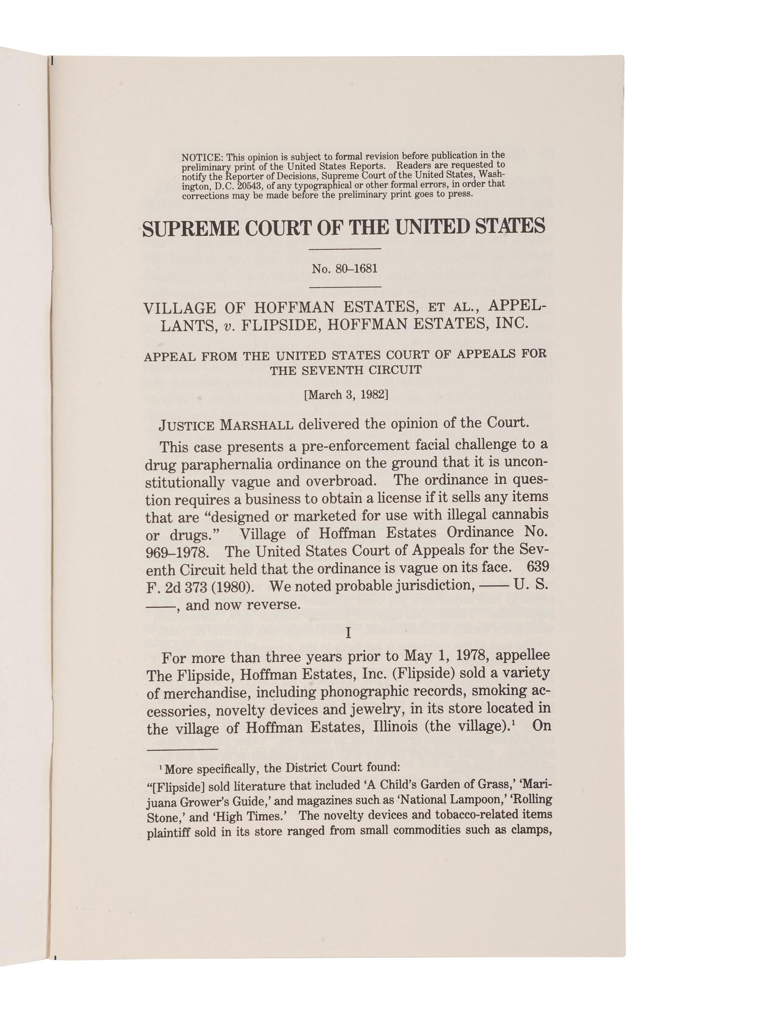 [SUPREME COURT] -- MARSHALL, Thurgood (1908-1993). Printed U.S. Supreme Court syllabus signed ("Thurgood Marshall") as Associate Justice of the U.S. Supreme Court. Washington, D.C.: U.S. Government Printing Office, [1982].