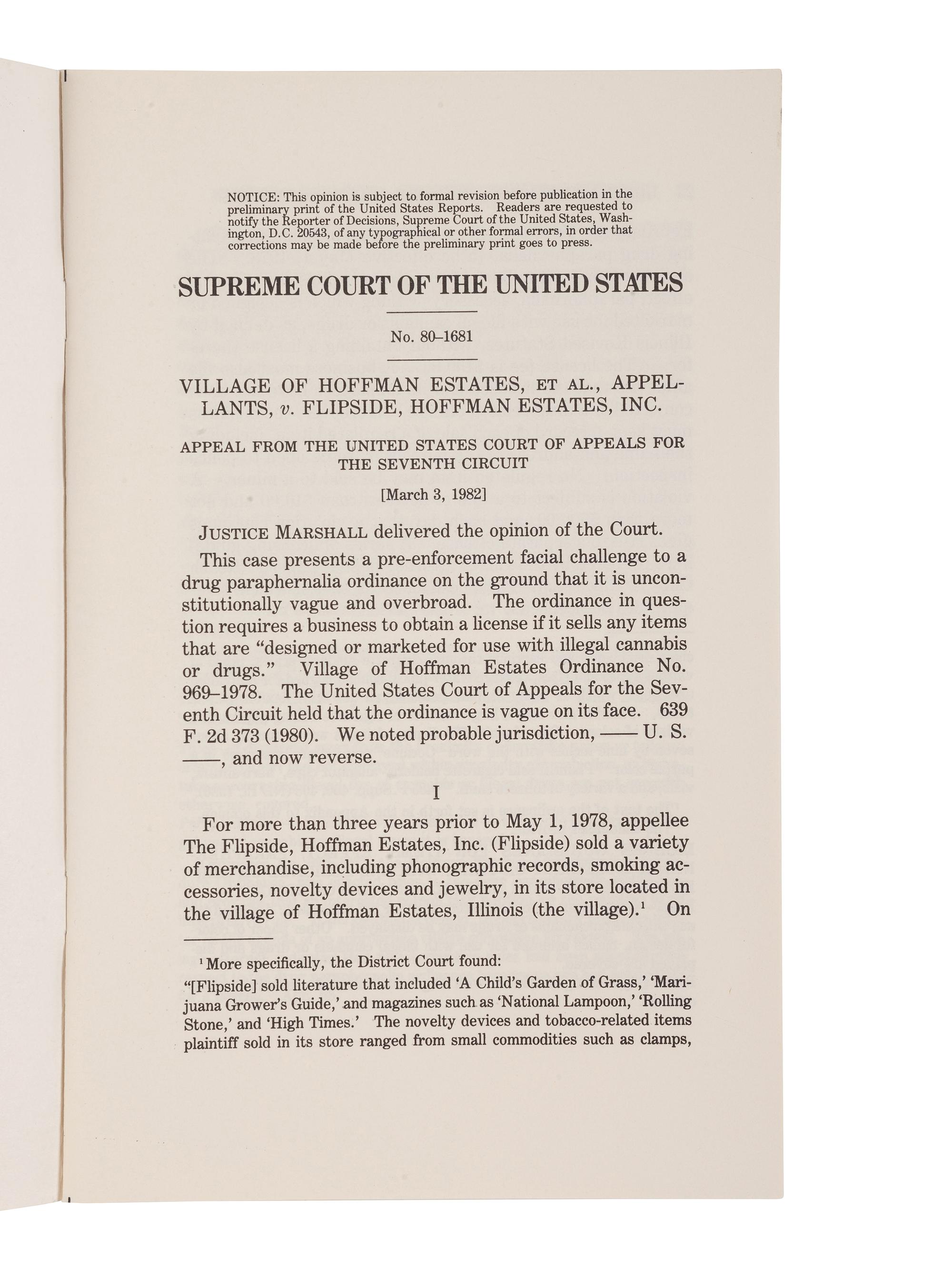 [SUPREME COURT] -- MARSHALL, Thurgood (1908-1993). Printed U.S. Supreme Court syllabus signed ("Thurgood Marshall") as Associate Justice of the U.S. Supreme Court. Washington, D.C.: U.S. Government Printing Office, [1982].