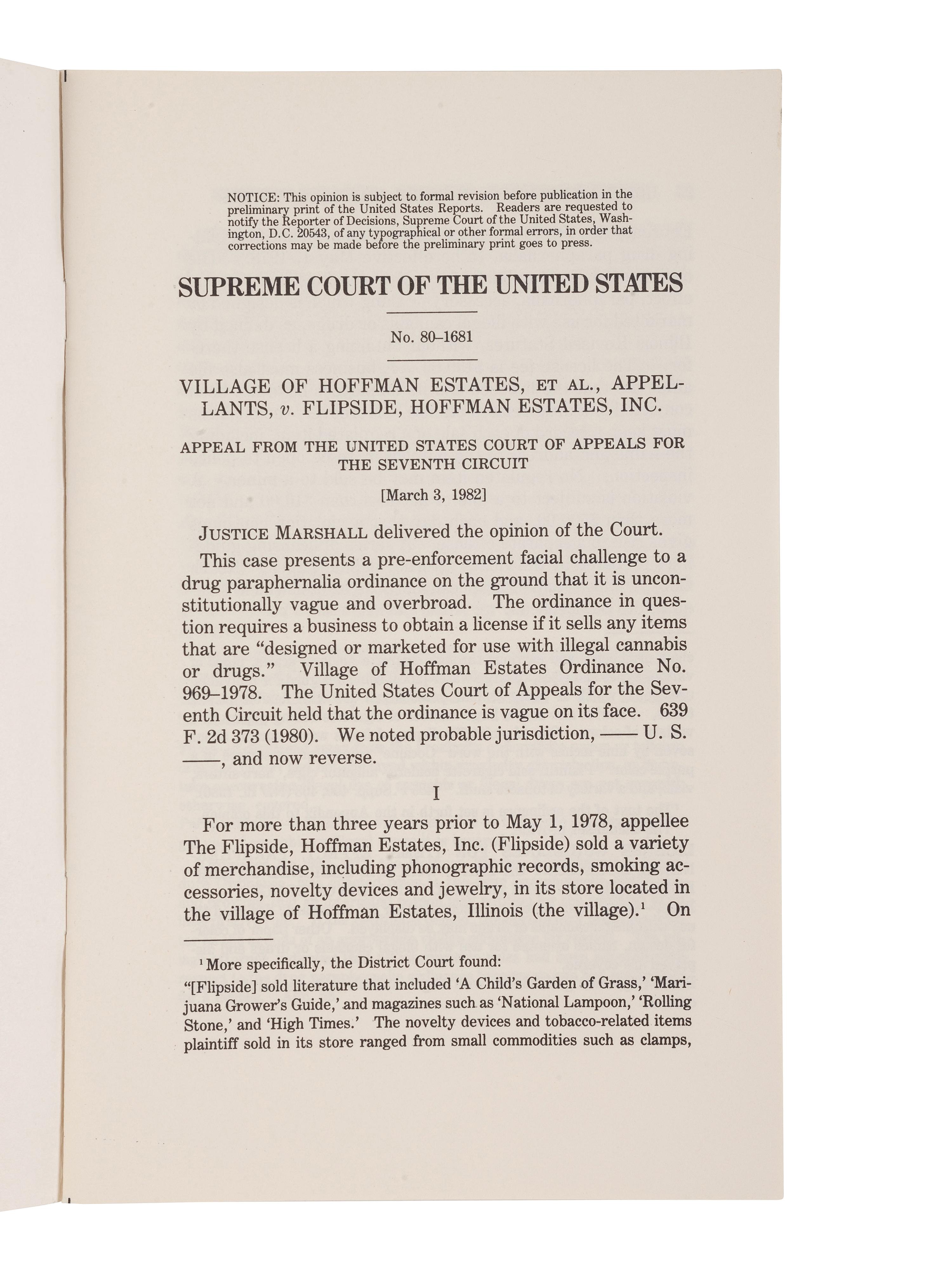[SUPREME COURT] -- MARSHALL, Thurgood (1908-1993). Printed U.S. Supreme Court syllabus signed ("Thurgood Marshall") as Associate Justice of the U.S. Supreme Court. Washington, D.C.: U.S. Government Printing Office, [1982].