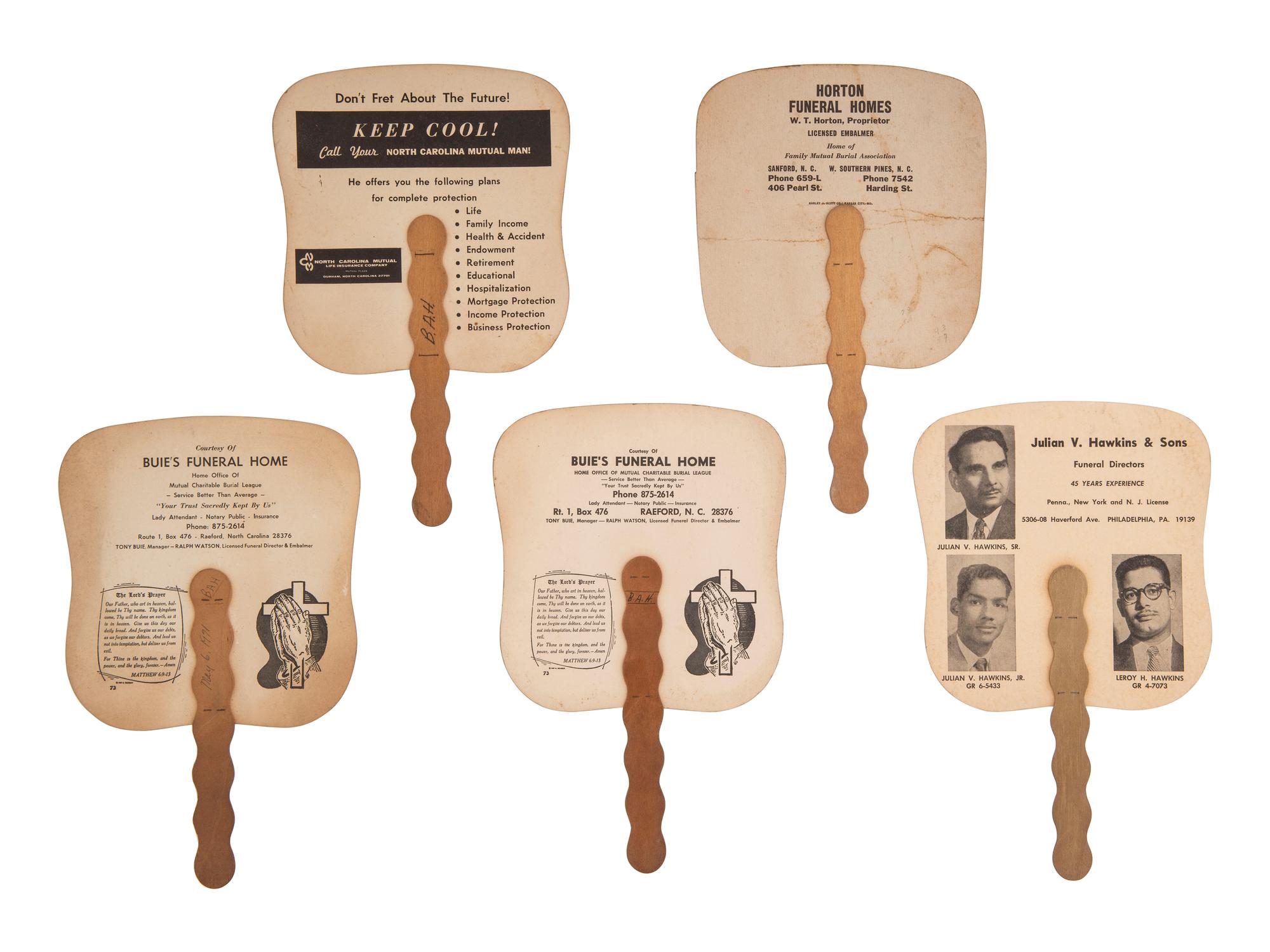 [CIVIL RIGHTS-BUSINESS]. Group of 5 advertising hand fans.