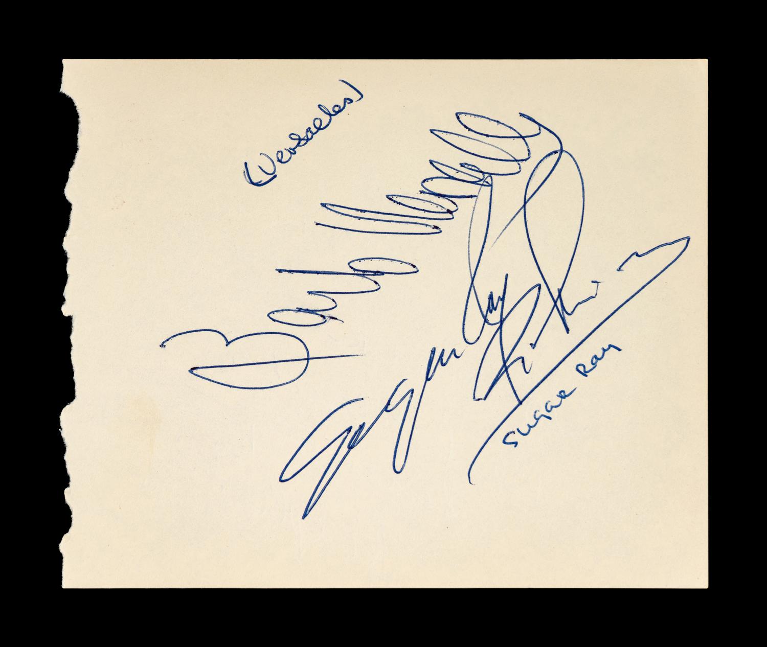 A Group of Sugar Ray Robinson, Jake LaMotta and Rocky Graziano Signed Autograph Items,