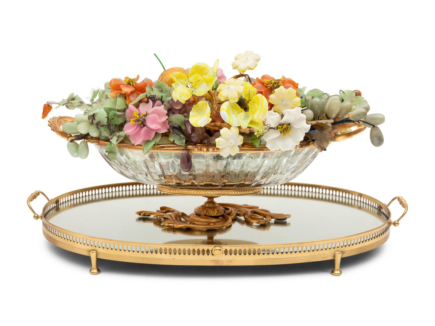 A French Gilt Bronze and Cut Glass Centerpiece Bowl with a Collection of Hardstone Fruit