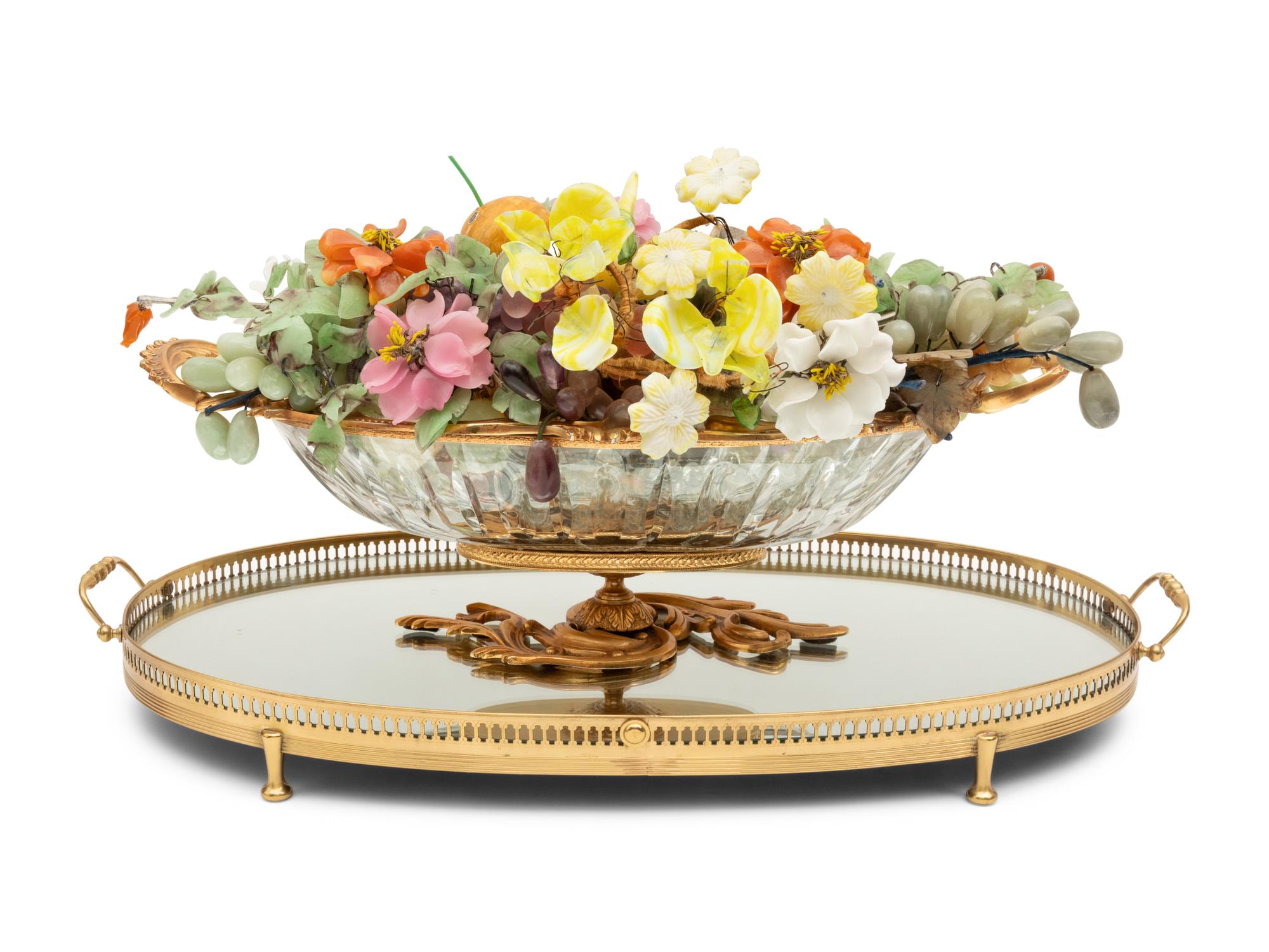 A French Gilt Bronze and Cut Glass Centerpiece Bowl with a Collection of Hardstone Fruit