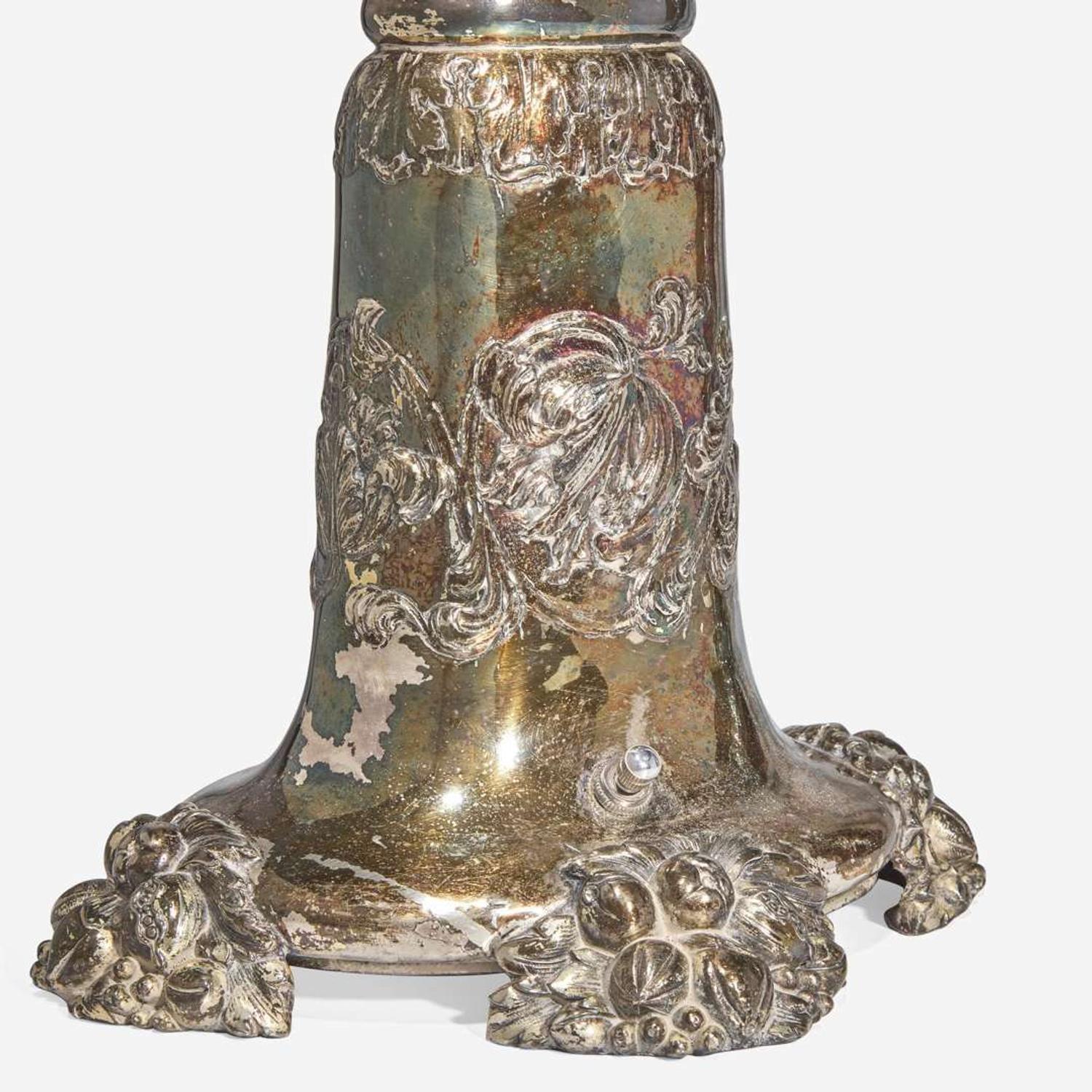 A pair of silver metal table lamps in the form of two-light candelabra Edward F. Caldwell & Co. (active 1895-1959), New York, NY, early 20th century