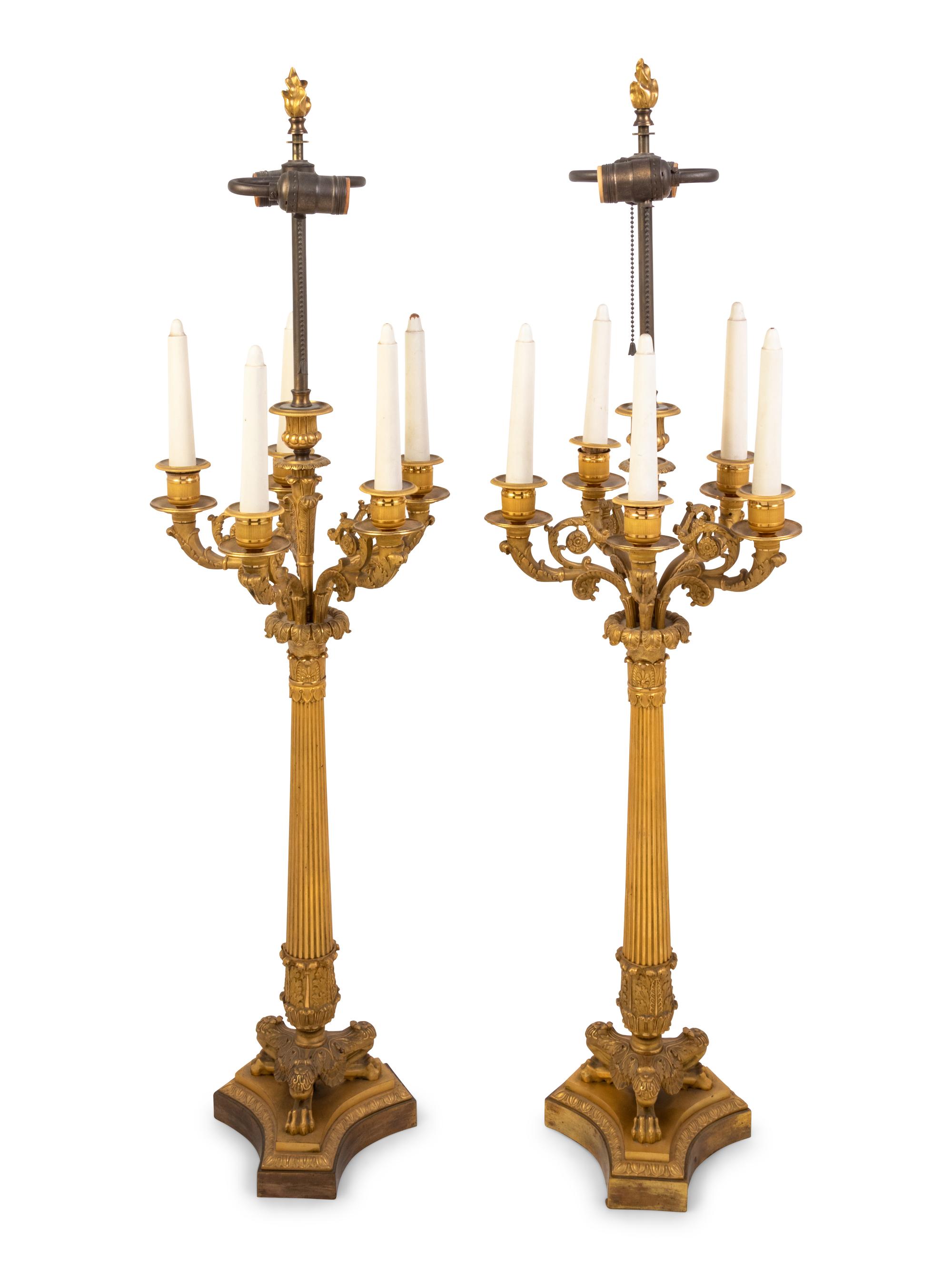 A Pair of Empire Gilt Bronze Five-Light Candelabra