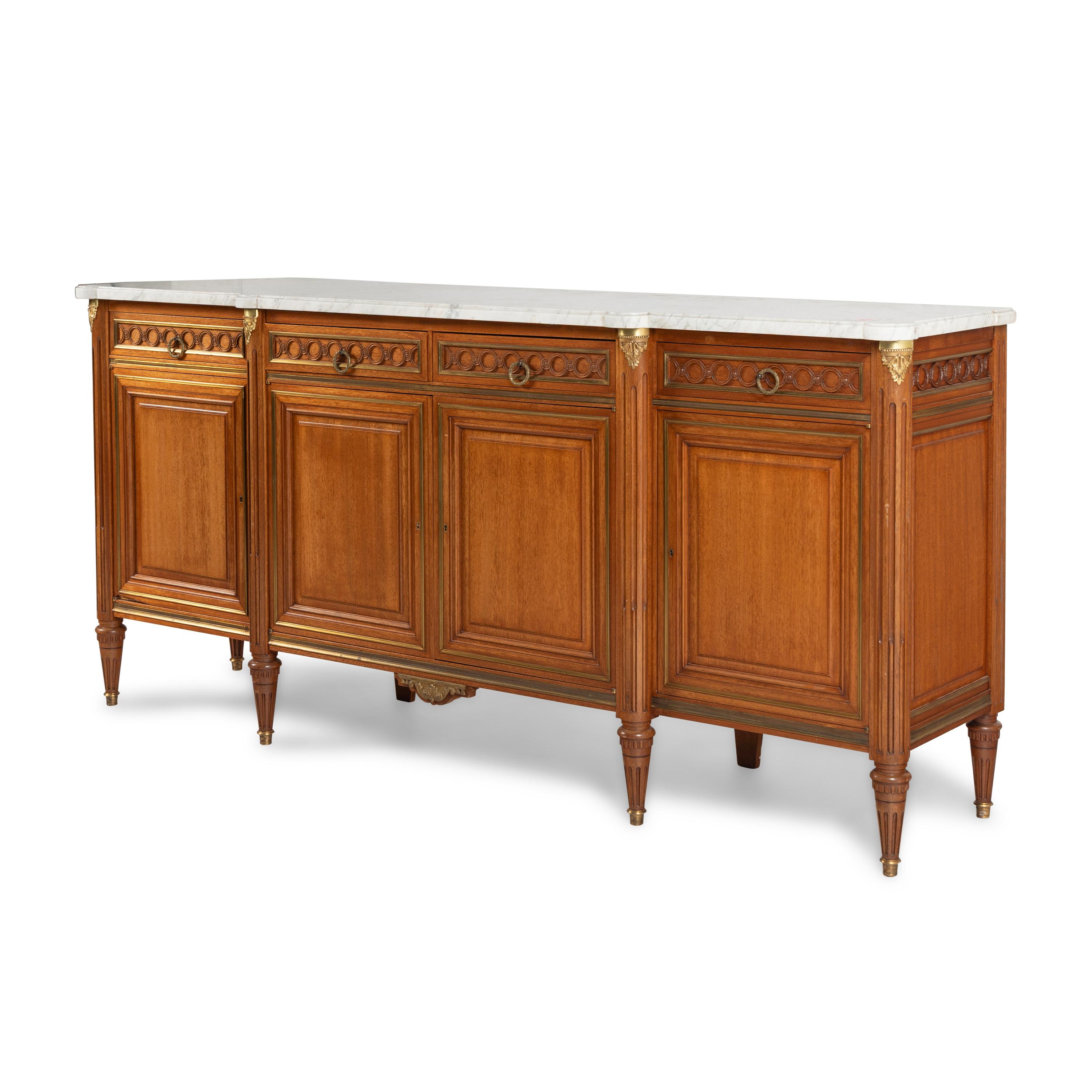 A Louis XVI Style Fruitwood Marble-Top Serving Cabinet