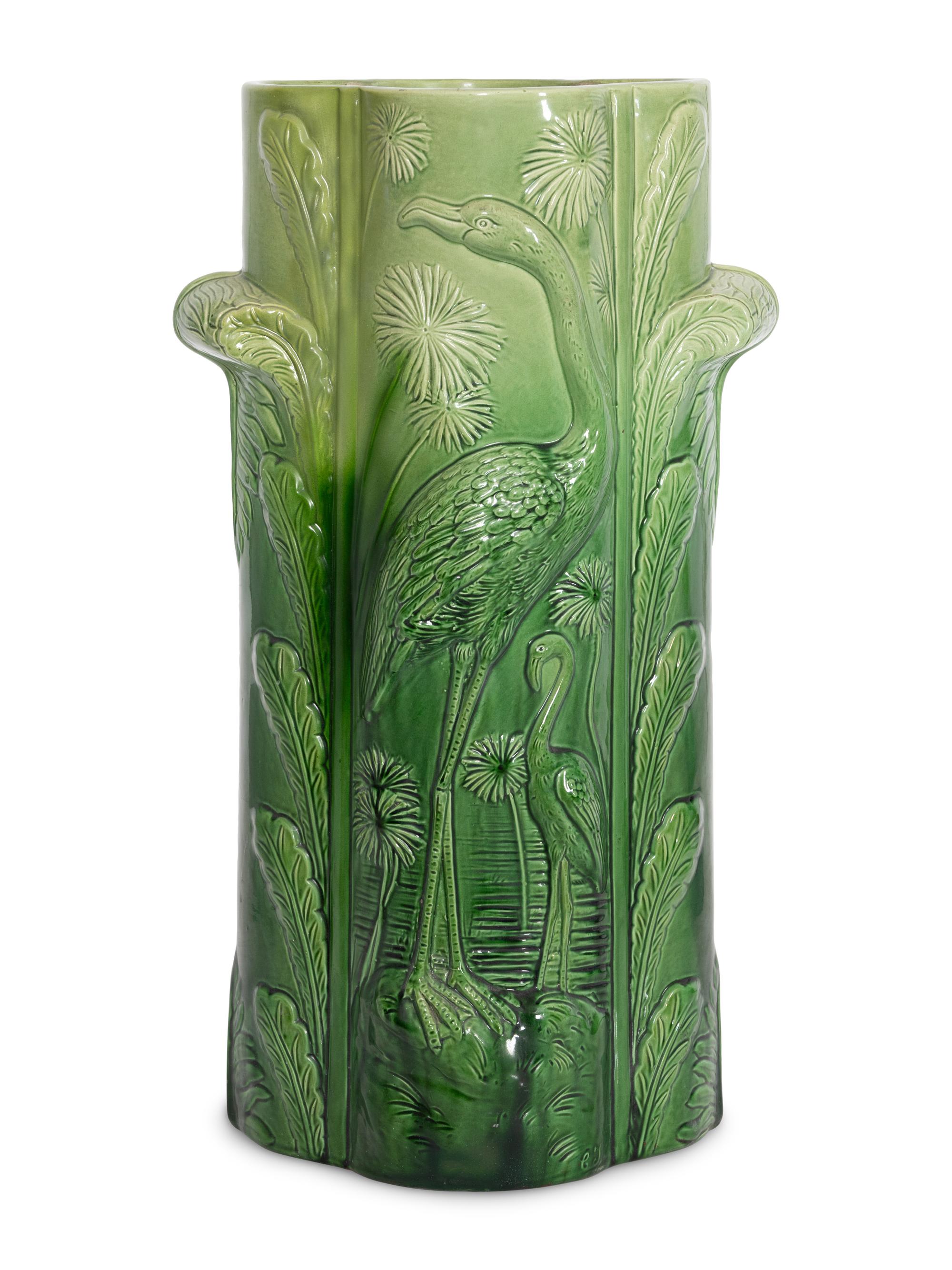 An English Majolica Flamingo Umbrella Stand