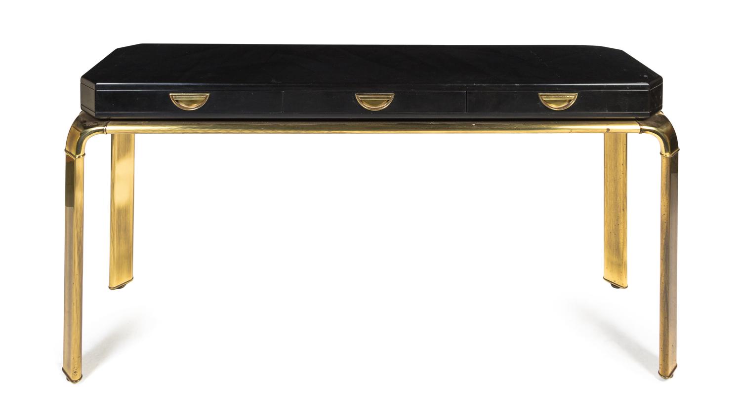 A John Widdicomb Brass and Ebonized Console Table Height 31 x width 61 x depth 15 inches.