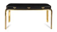 A John Widdicomb Brass and Ebonized Console Table Height 31 x width 61 x depth 15 inches.