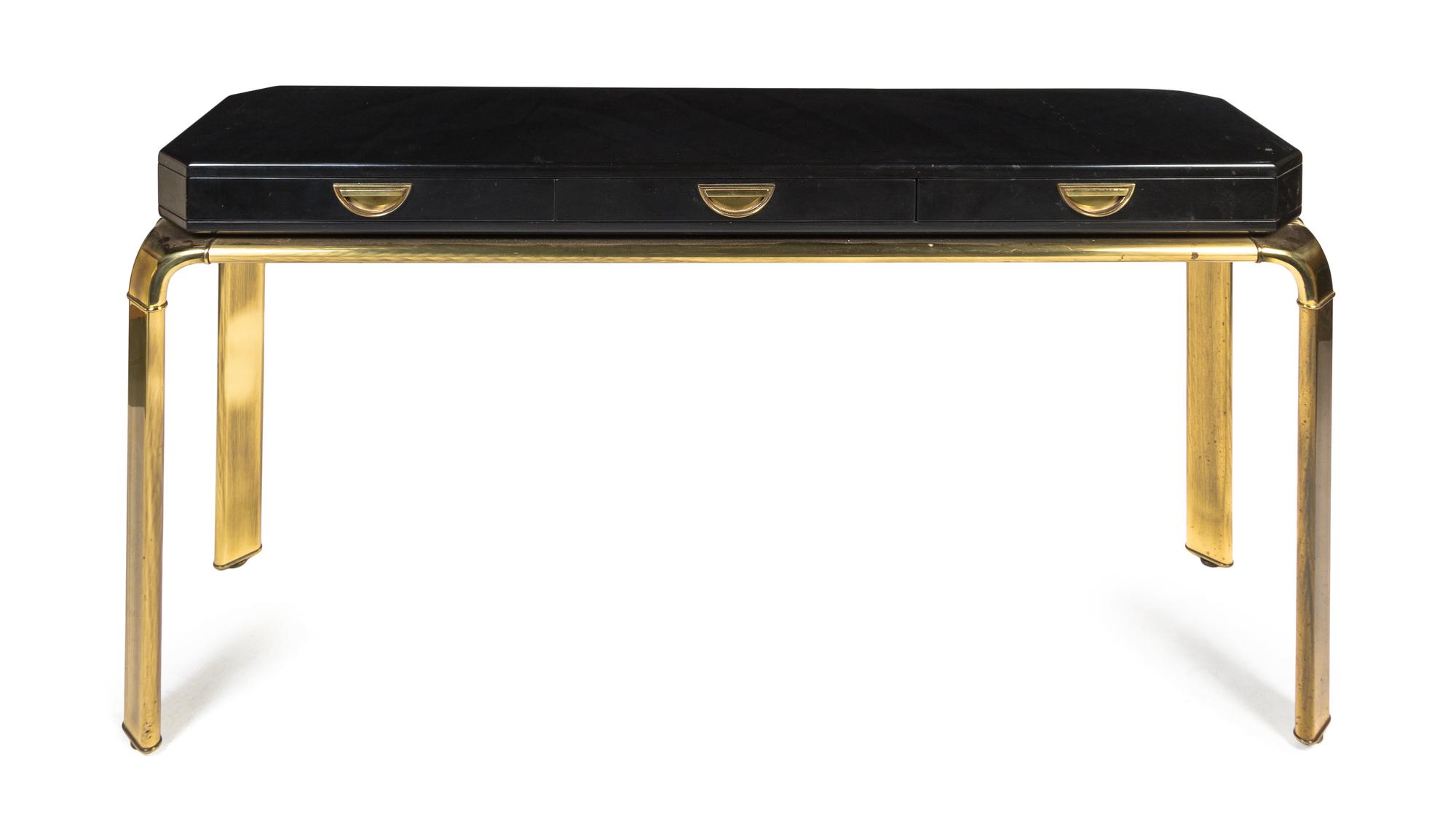 A John Widdicomb Brass and Ebonized Console Table Height 31 x width 61 x depth 15 inches.