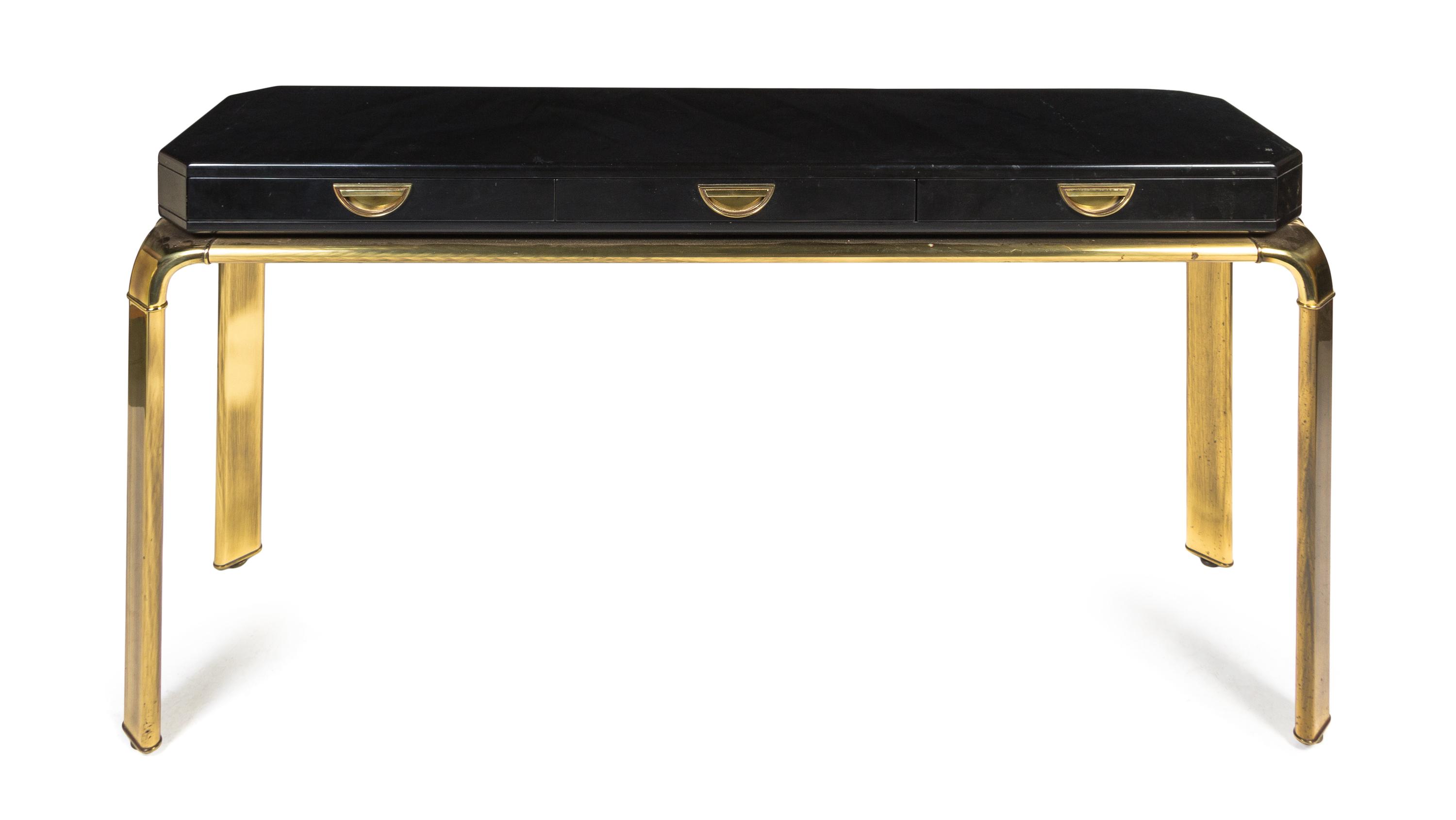 A John Widdicomb Brass and Ebonized Console Table Height 31 x width 61 x depth 15 inches.