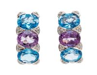 A Pair of 14 Karat White Gold, Blue Topaz, Amethyst and Diamond Earclips, 5.40 dwts.