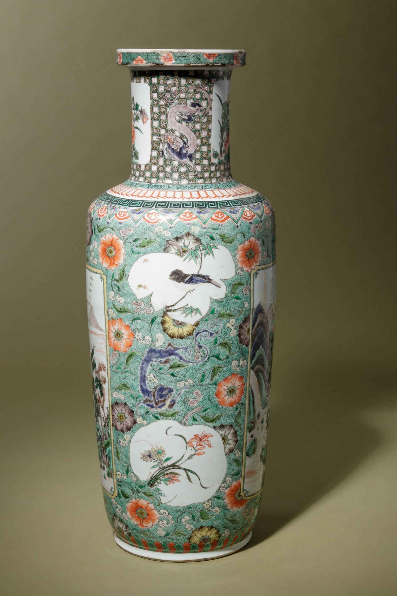 A Famille Verte Porcelain Rouleau Vase