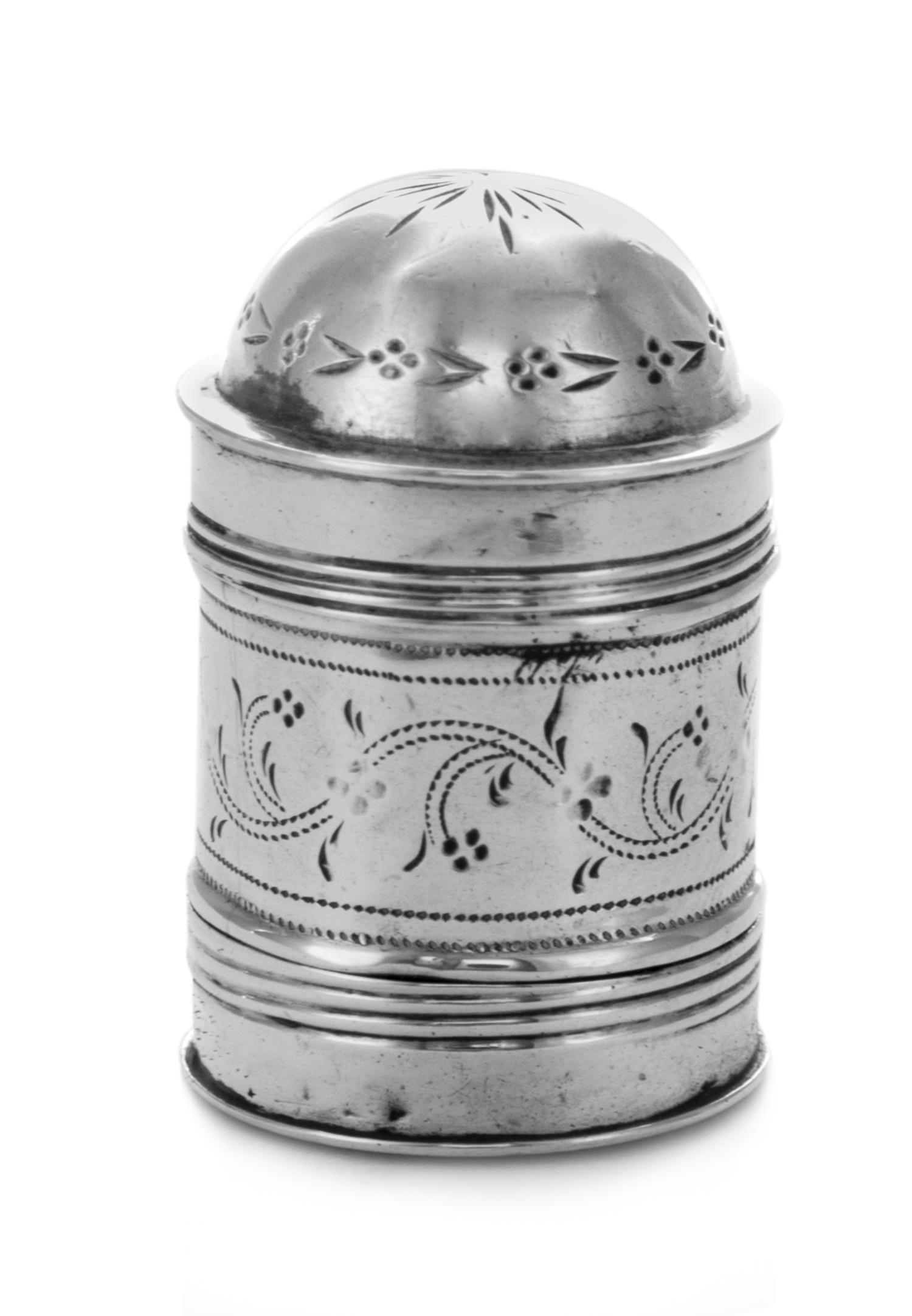 A George III SIlver Nutmeg Grater, Joseph Taylor, Birmingham, 1796, of canister form with a domed lid, the body worked with reed bandin